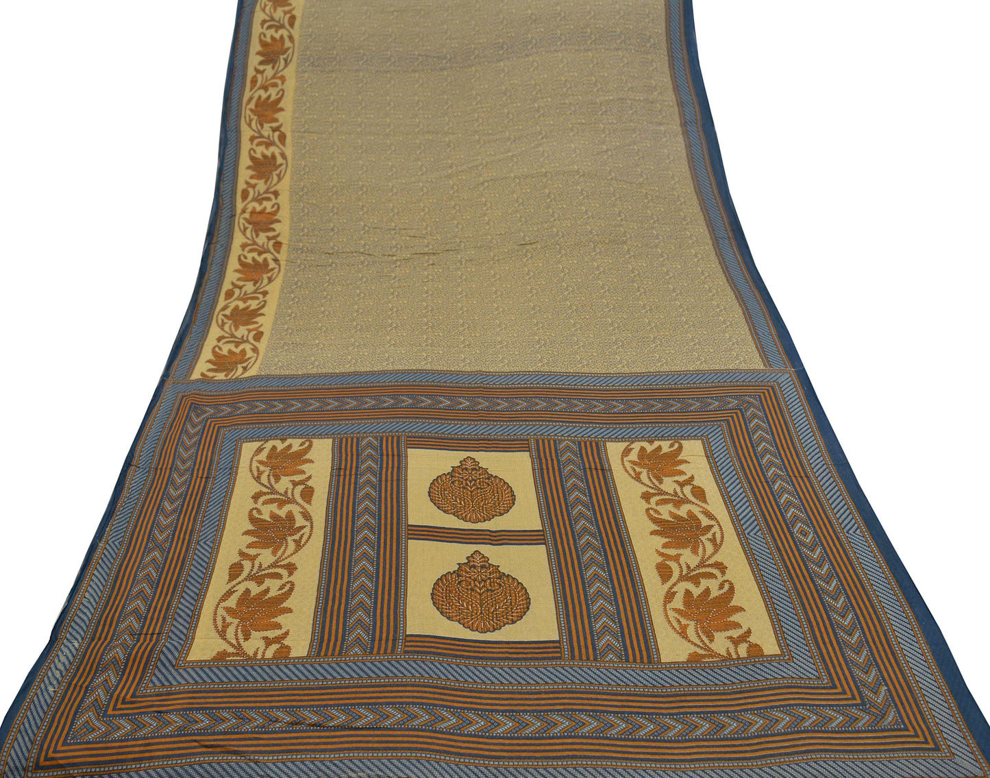 Indian Vintage Sari Blue & Beige Printed Saree 100% Pure Cotton Craft Fabric 5Yd Soft Sewing Sarong Wrap Floral Upcycle Crafting Quilting