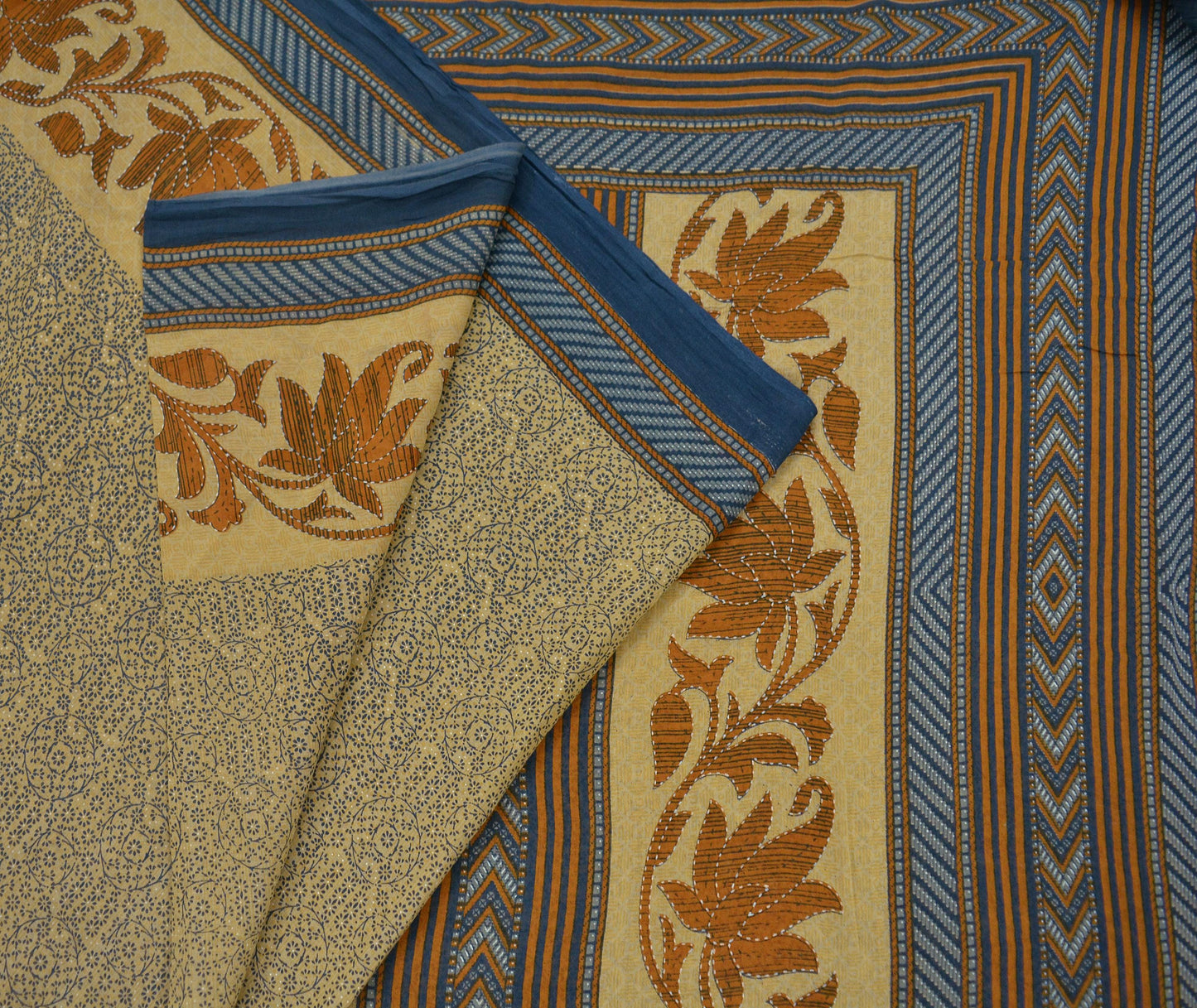 Indian Vintage Sari Blue & Beige Printed Saree 100% Pure Cotton Craft Fabric 5Yd Soft Sewing Sarong Wrap Floral Upcycle Crafting Quilting