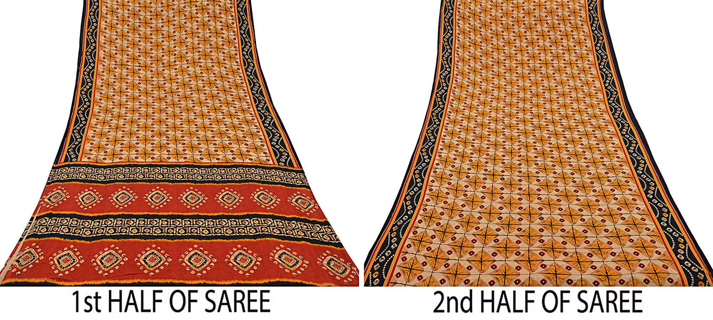 Indian Vintage Sari Red & Beige Printed Saree 100% Pure Cotton Craft Fabric 5Yd Soft Sewing Sarong Wrap Floral Upcycle Crafting Quilting
