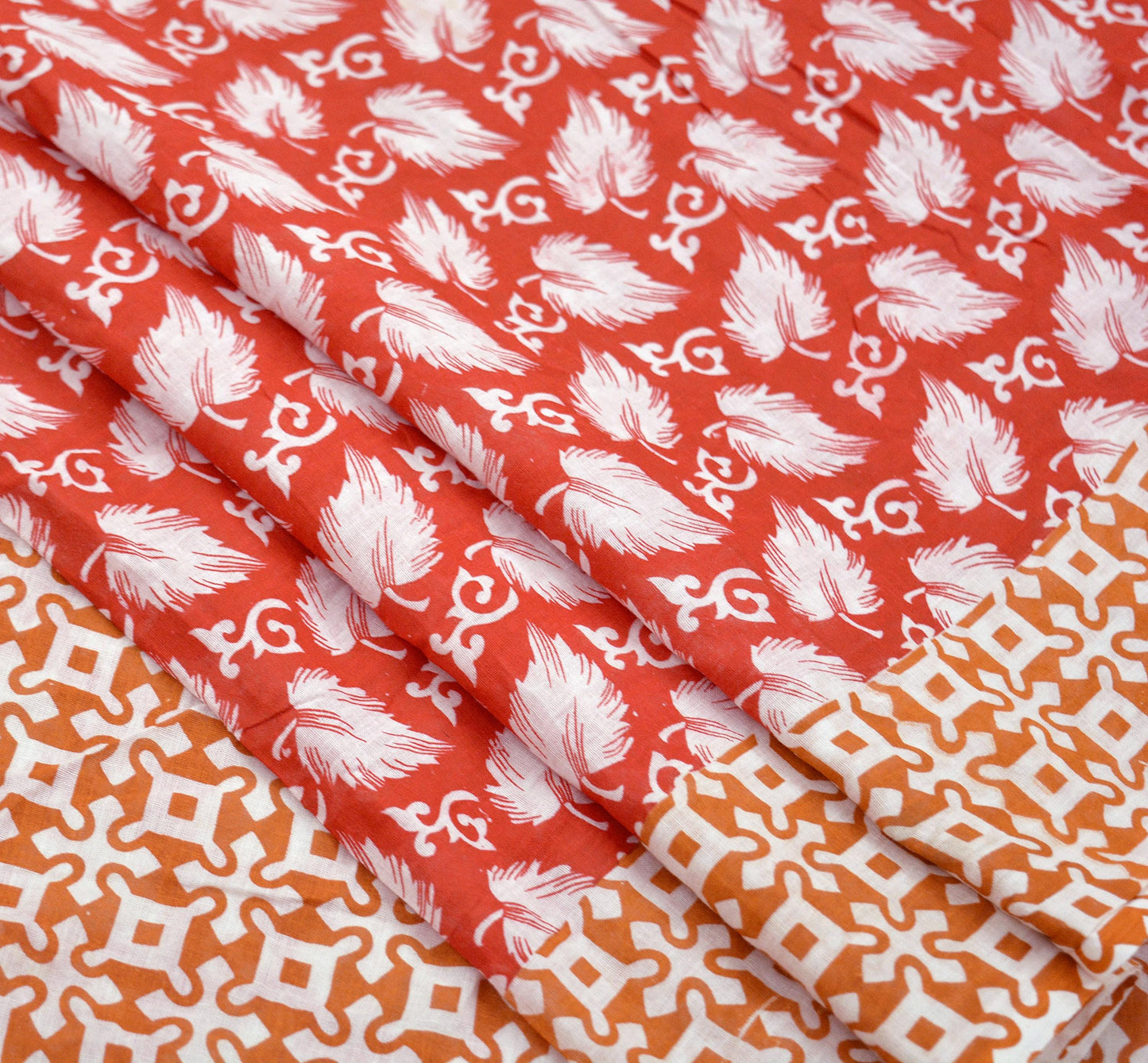 Indian Vintage Saffron & Red Saree Printed Pure Cotton Indian Sari Craft Fabric Soft 5Yd Sewing Sarong Wrap Boho Floral Quilting Crafting