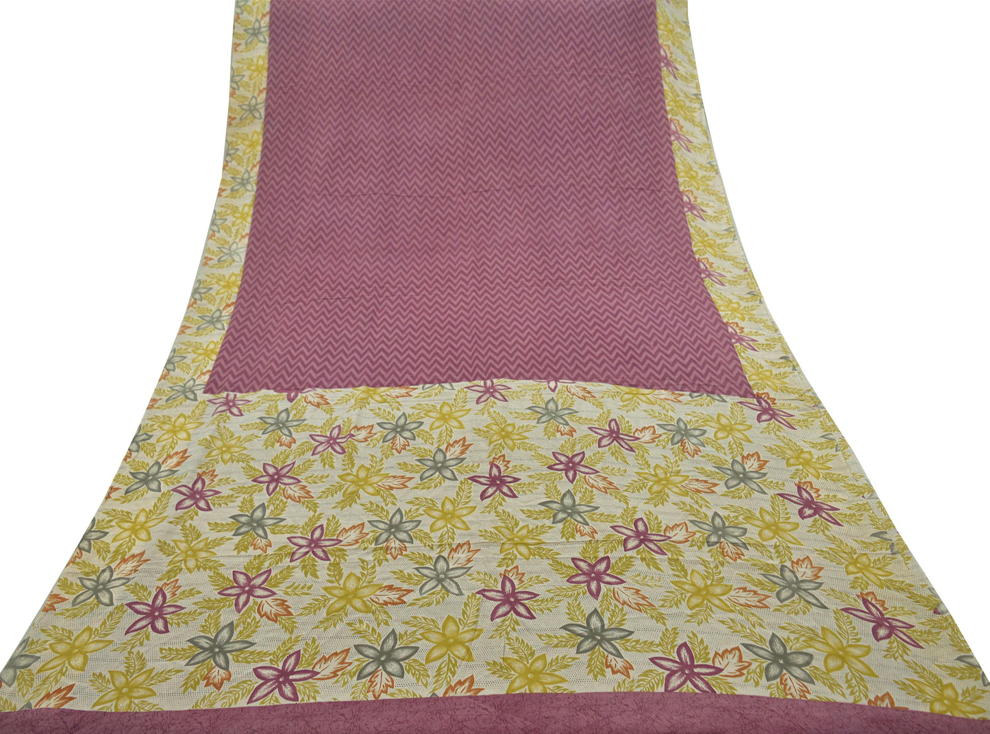 Indian Vintage Sari Ivory & Purple Pure Crepe Silk Printed Sarees Craft Fabric 5yd Sewing Floral Soft Wrap Dress making Upcycle Quilting