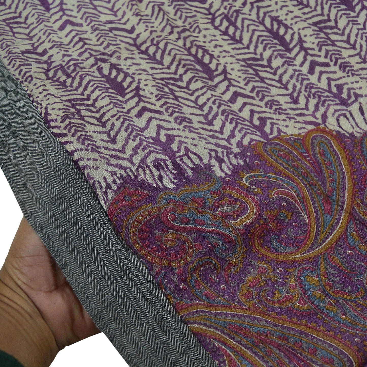 Vintage Ivory & Purple Long Stole Pure Woolen Scarf Printed Dupatta Infinity Scarves Sarong Wrap Veil Woman Hijab Shawl Fabric