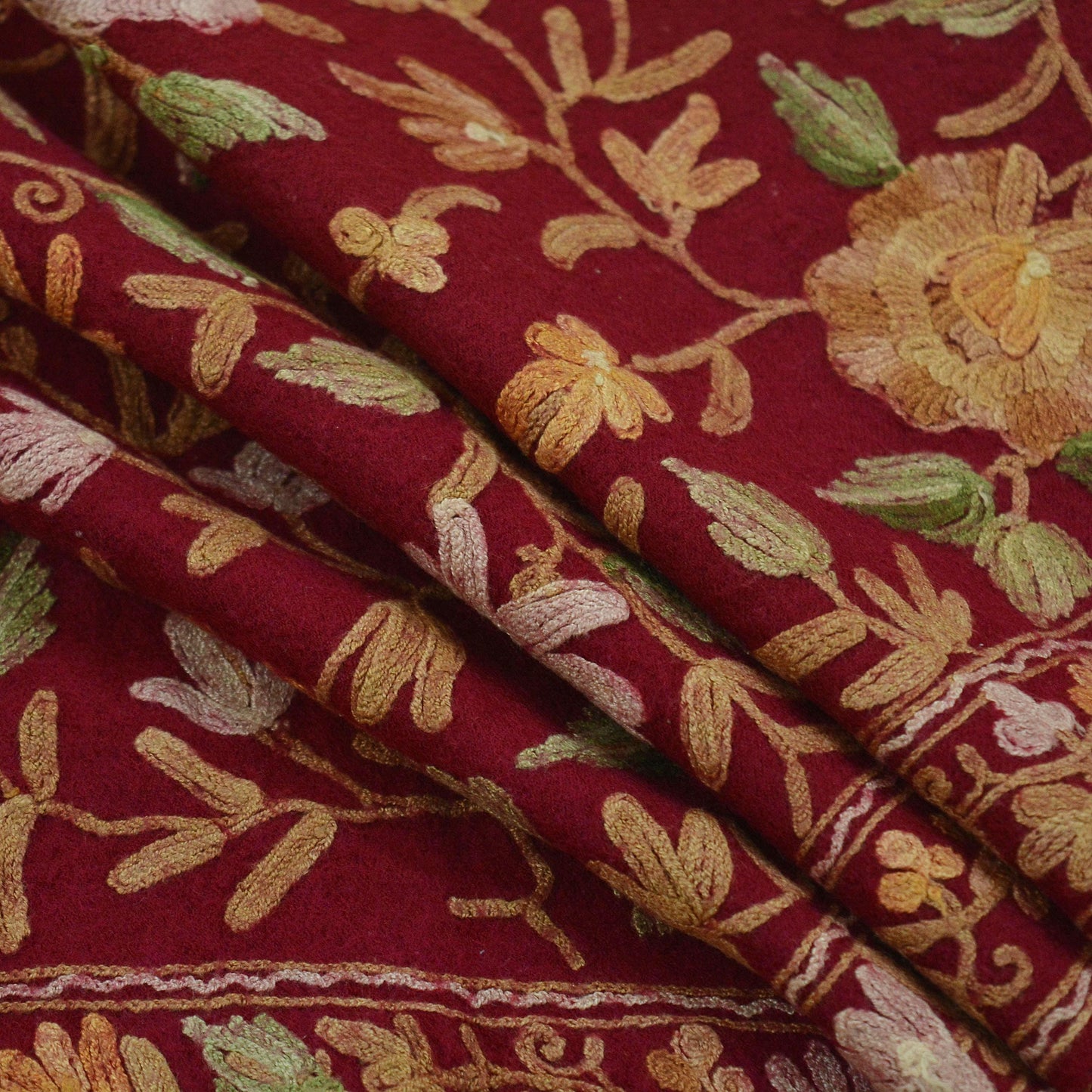Indian Vintage Red Pure Woolen Shawl Handmade Ari work Long Throw Stole Warm Floral Design Upcycle Crafting Used For her Soft Cozy