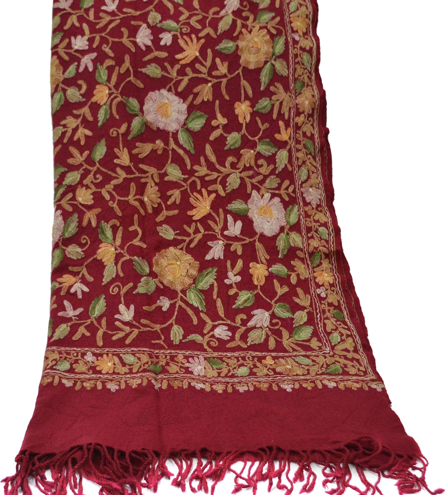 Indian Vintage Red Pure Woolen Shawl Handmade Ari work Long Throw Stole Warm Floral Design Upcycle Crafting Used For her Soft Cozy