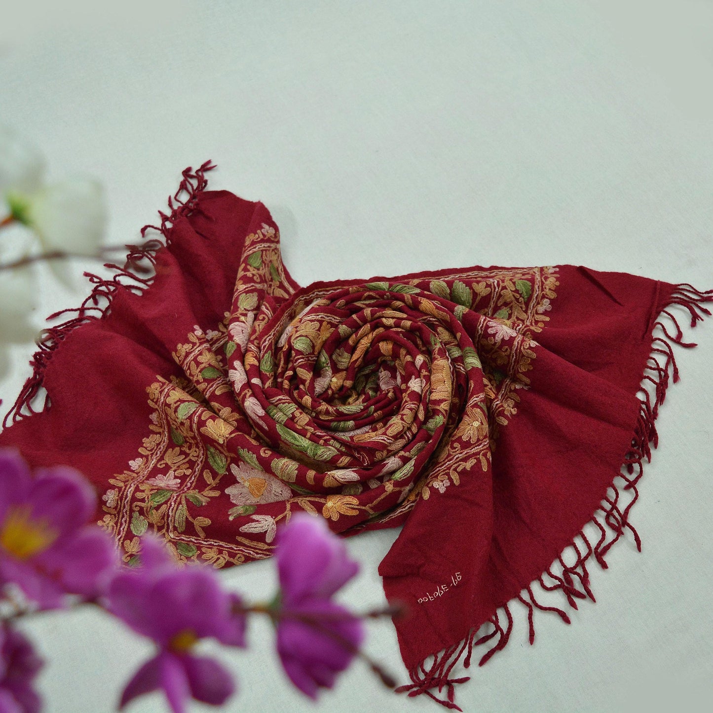 Indian Vintage Red Pure Woolen Shawl Handmade Ari work Long Throw Stole Warm Floral Design Upcycle Crafting Used For her Soft Cozy