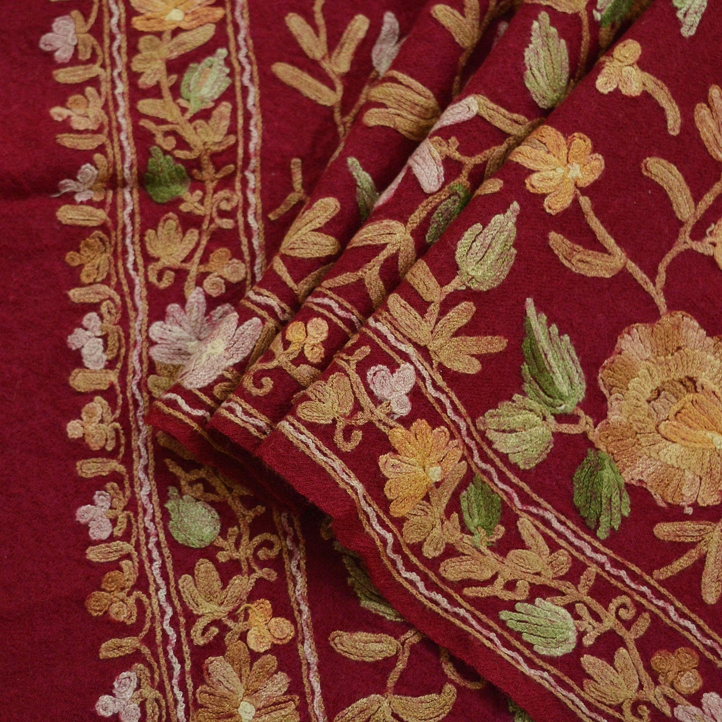 Indian Vintage Red Pure Woolen Shawl Handmade Ari work Long Throw Stole Warm Floral Design Upcycle Crafting Used For her Soft Cozy