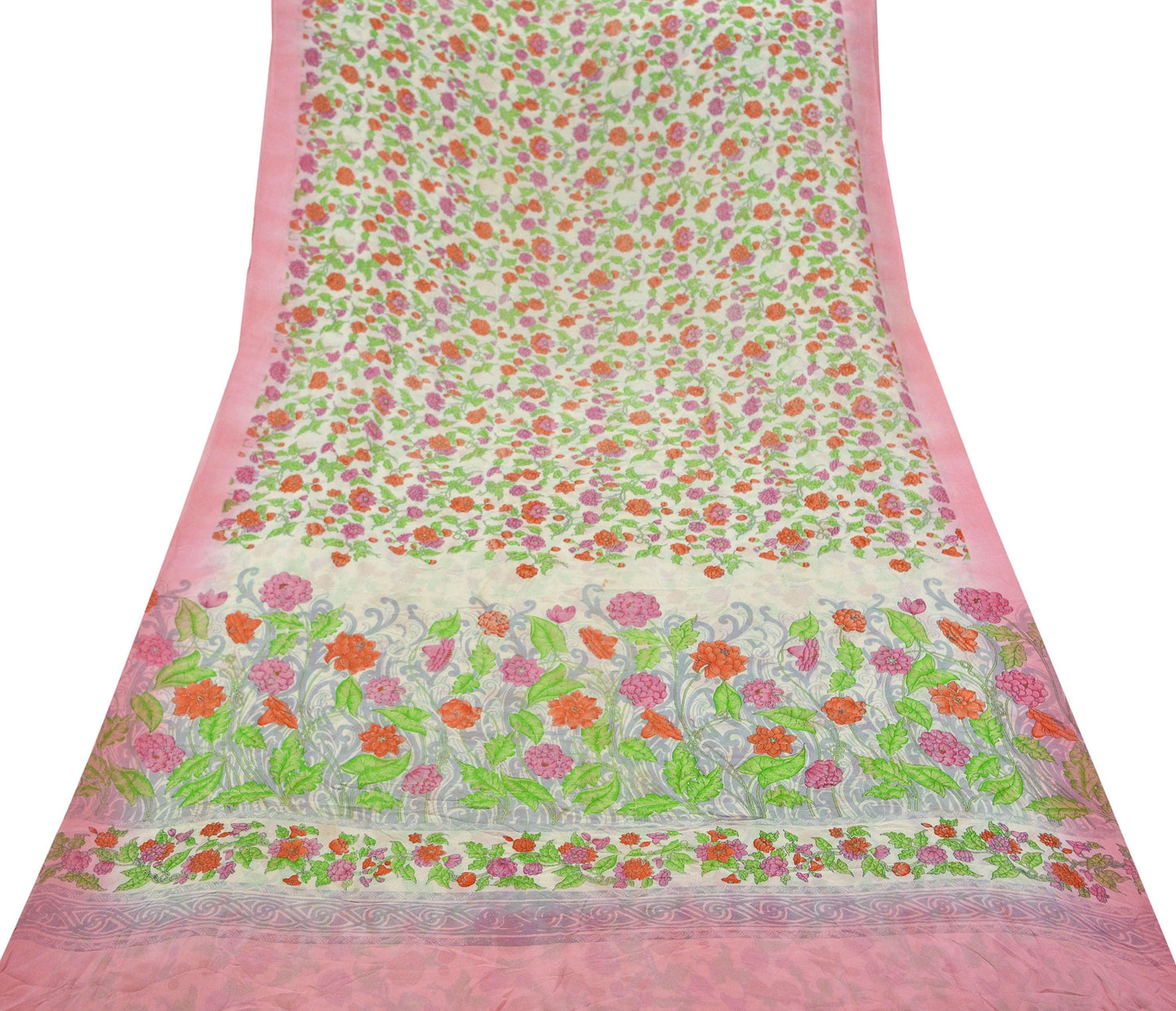 Women Indian Vintage Sari Cream & Pink Pure Georgette Silk Printed Sarees Craft Fabric Sewing 5Yd Soft Dress Making Floral Quilting Crafting