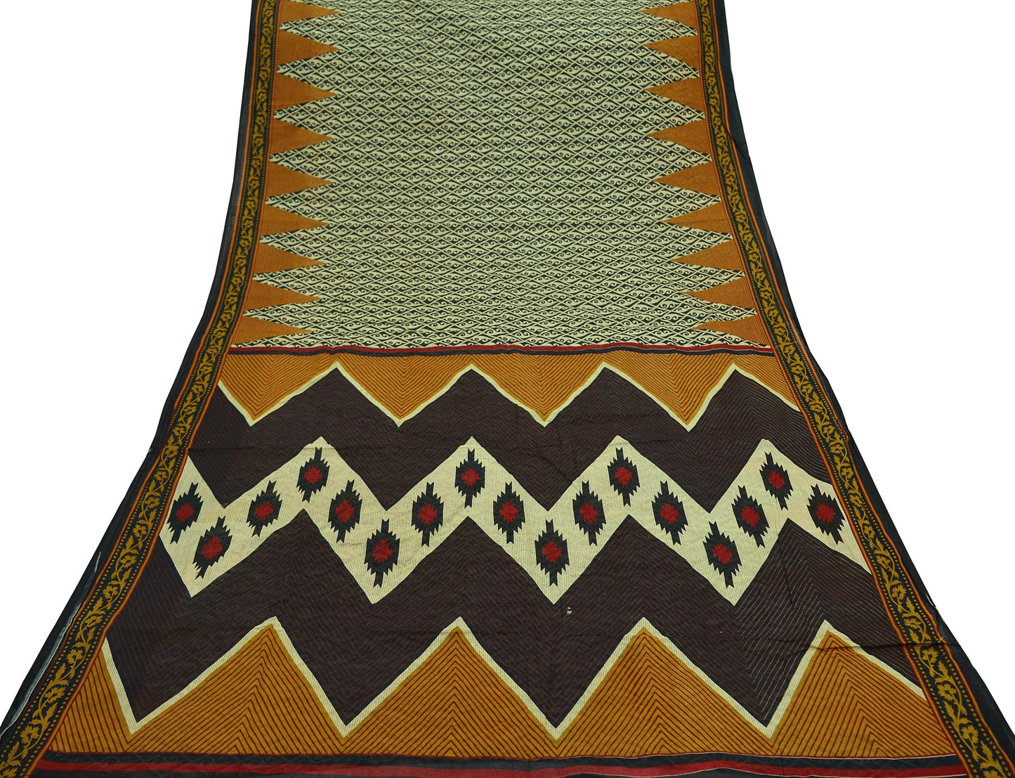 Indian Vintage Saffron & Black Saree Printed Pure Cotton Sari Craft Fabric 5Yd Sewing Sarong Wrap Boho Floral Quilting Crafting Dress Making