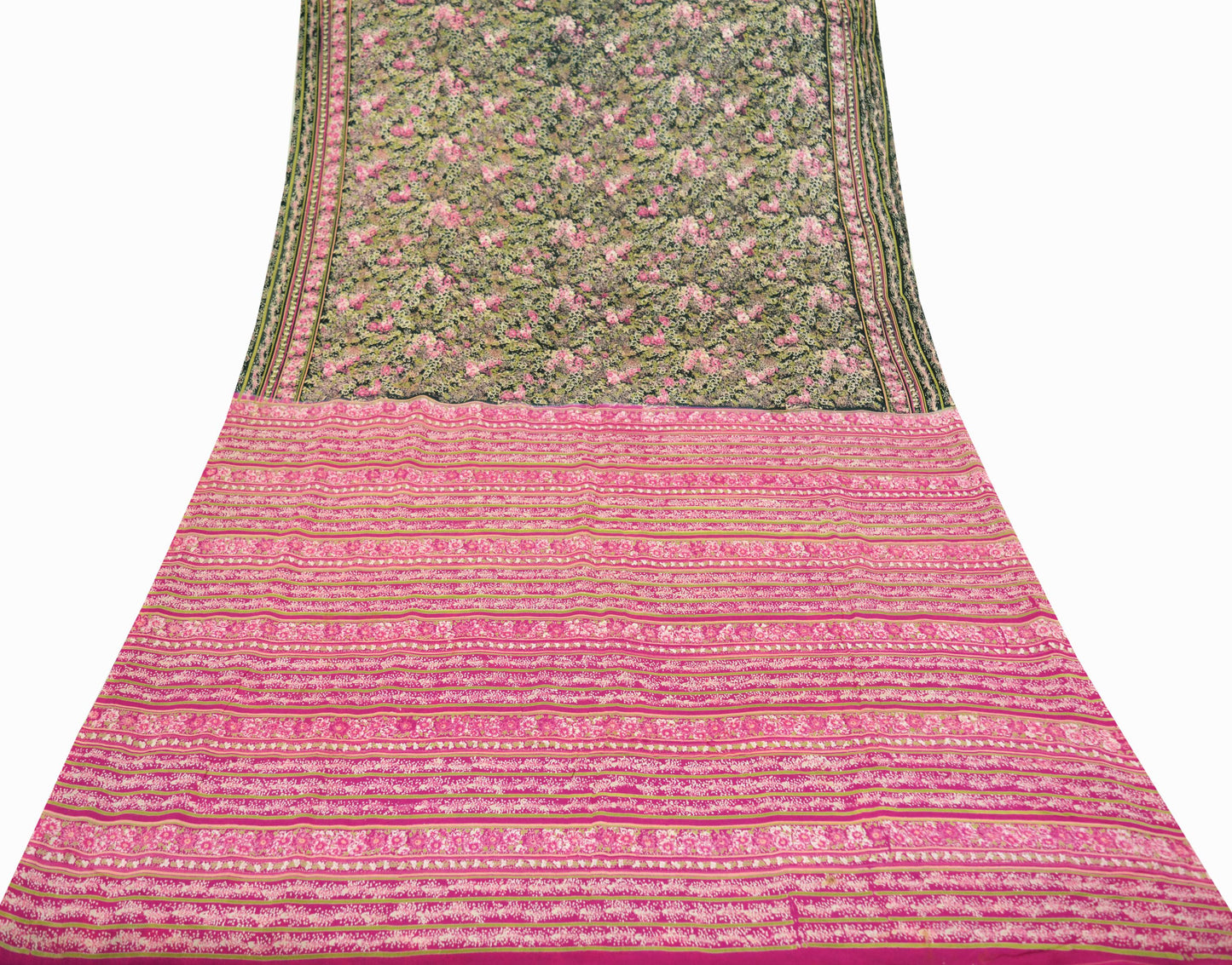 Indian Vintage Sari Pink & Black Printed Pure Silk Sarees 6yd Sewing Craft Fabric Floral Dress Making Soft Quilting Crafting Upcycle Used