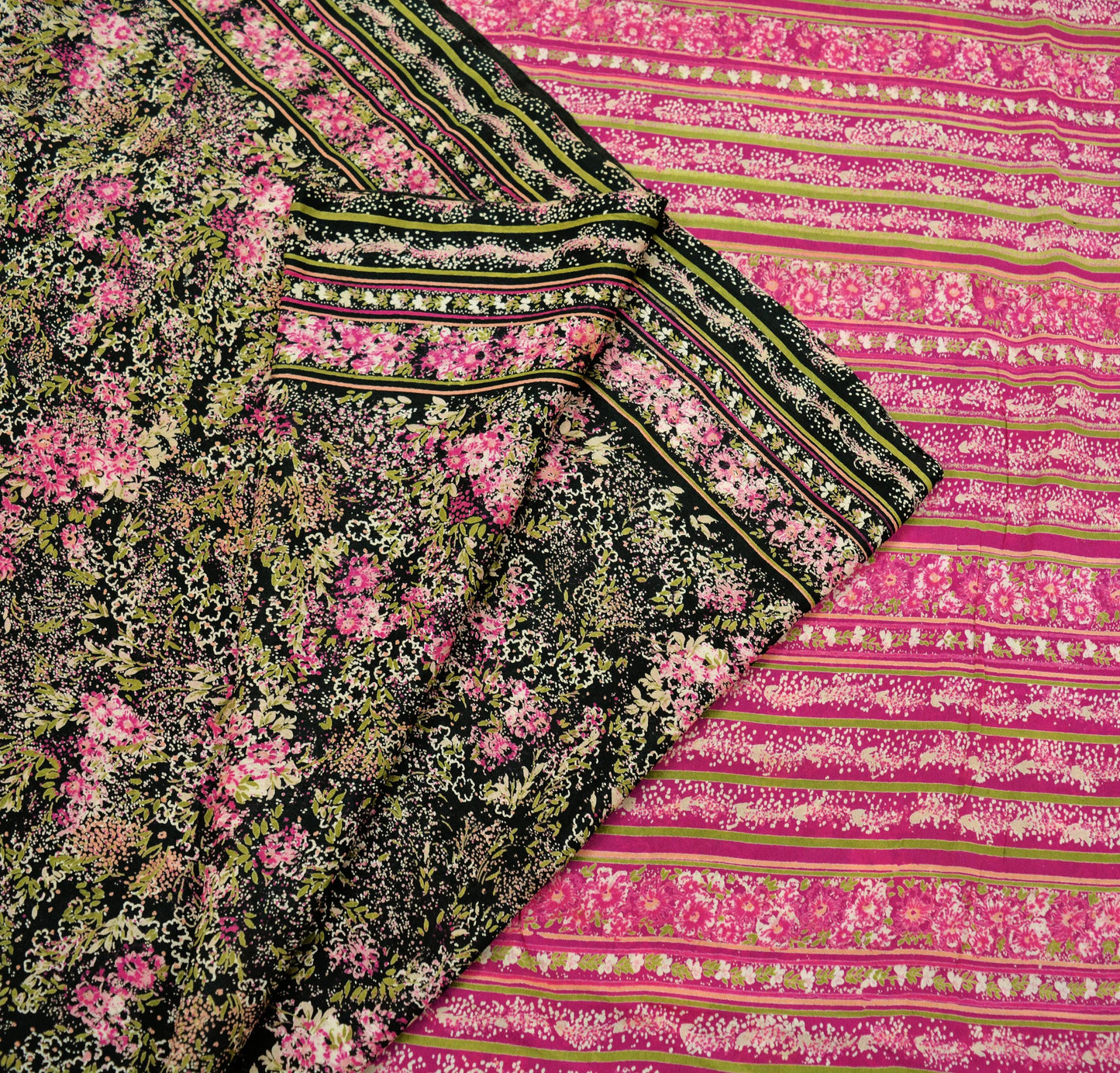 Indian Vintage Sari Pink & Black Printed Pure Silk Sarees 6yd Sewing Craft Fabric Floral Dress Making Soft Quilting Crafting Upcycle Used