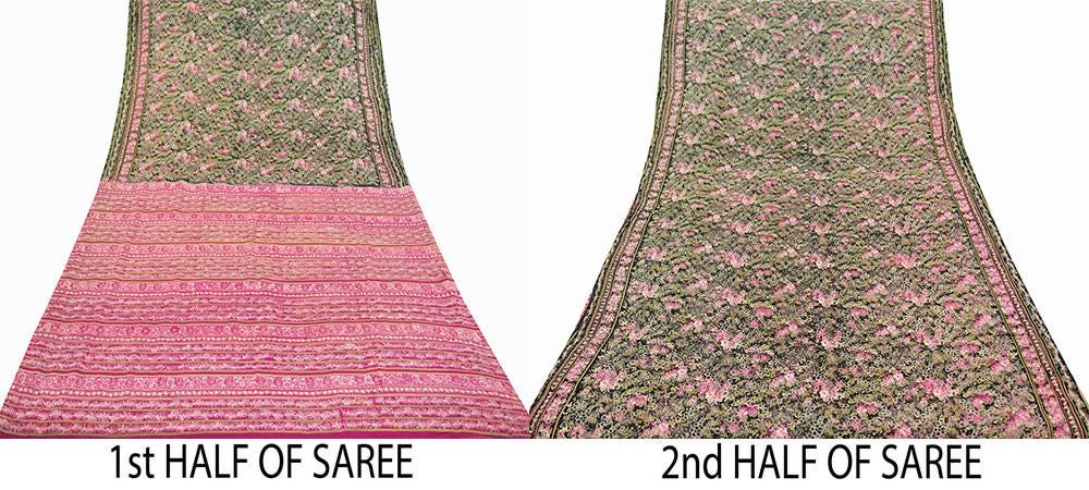Indian Vintage Sari Pink & Black Printed Pure Silk Sarees 6yd Sewing Craft Fabric Floral Dress Making Soft Quilting Crafting Upcycle Used