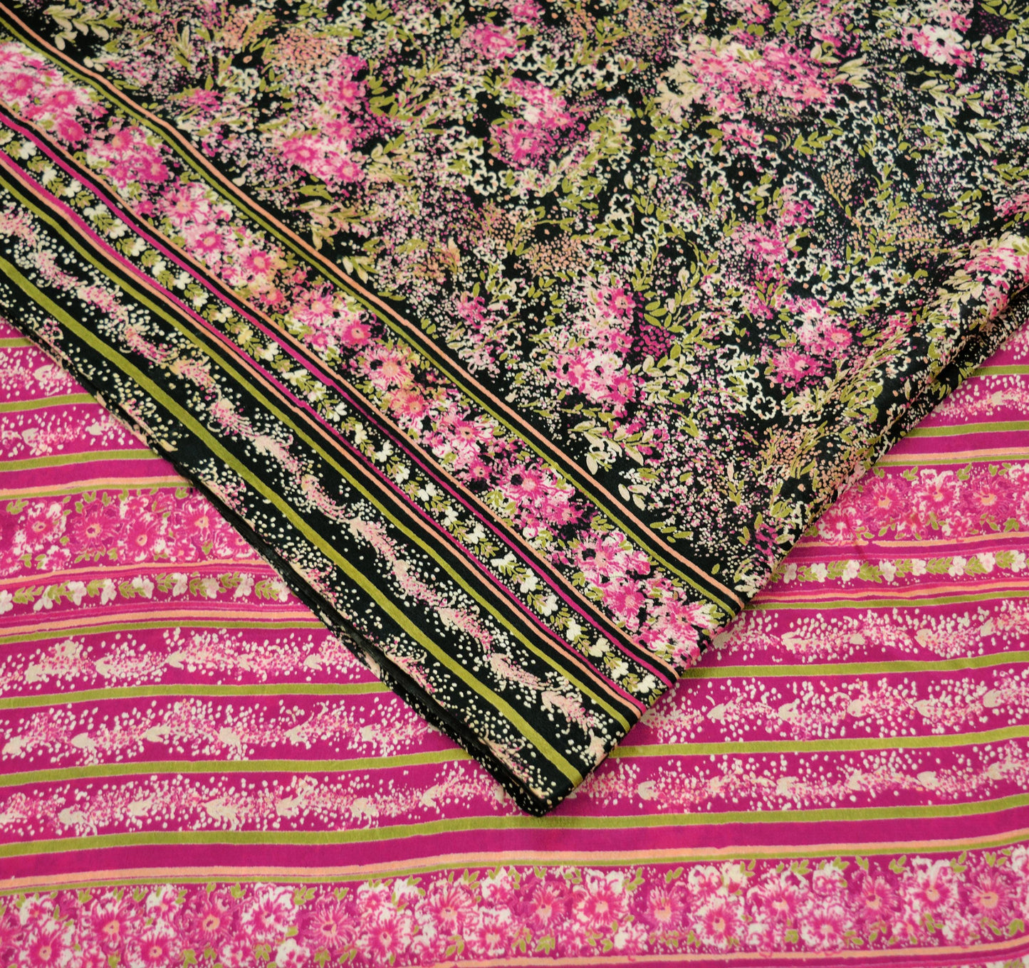 Indian Vintage Sari Pink & Black Printed Pure Silk Sarees 6yd Sewing Craft Fabric Floral Dress Making Soft Quilting Crafting Upcycle Used