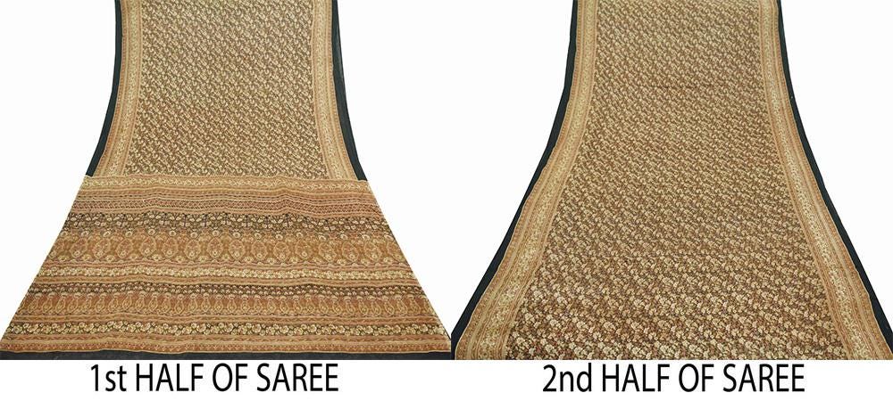 Indian Vintage Sari Black Printed Pure Silk Sarees Craft Fabric 6yd Sewing Floral Soft Dress Designing for Crafting Quilting Upcycle Used