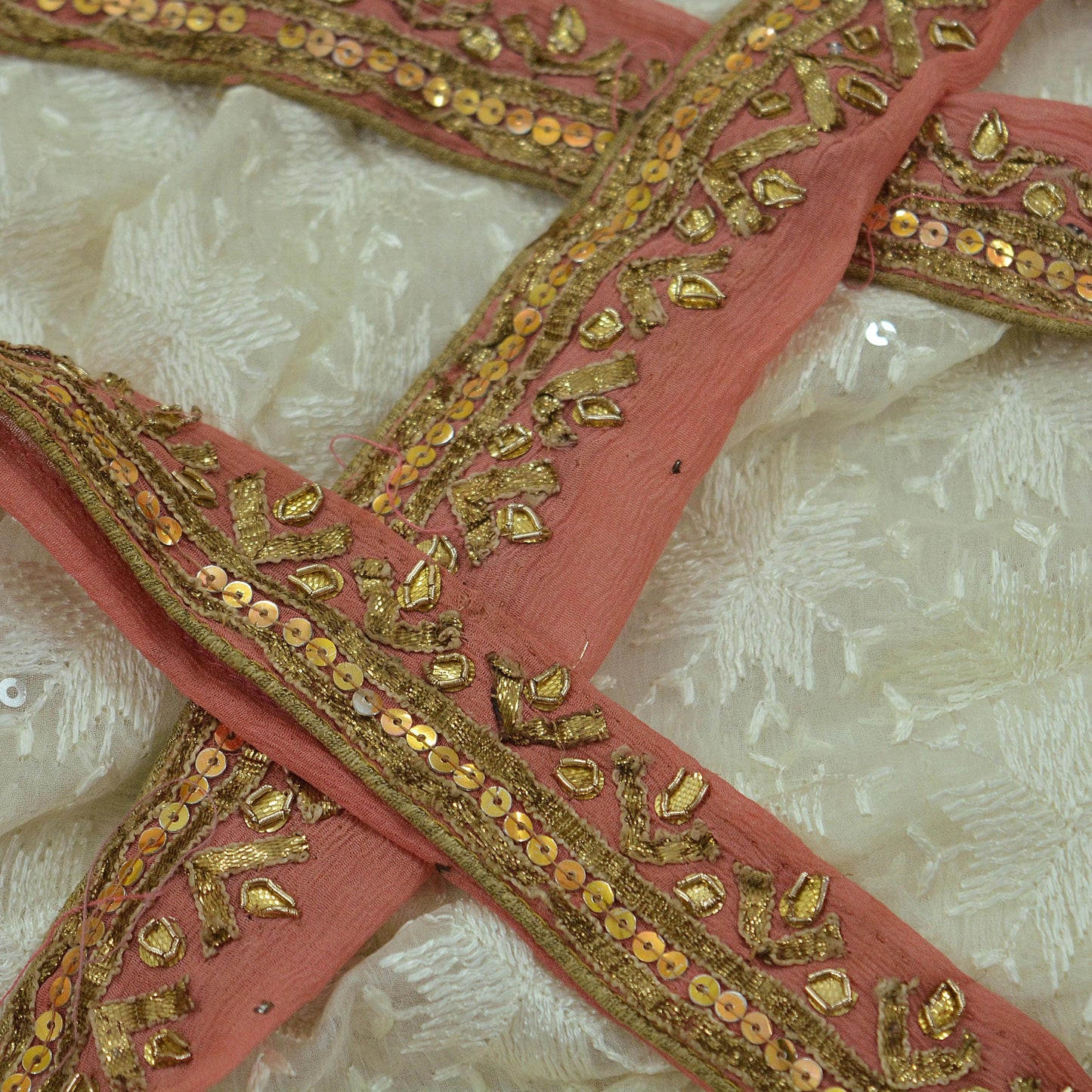 Indian Vintage Peach Sari Border Hand Embroidered Gota Patti Craft Trim Lace Sewing Sari Ribbon Pure silk Zardozi/Dabka Zari Dress making