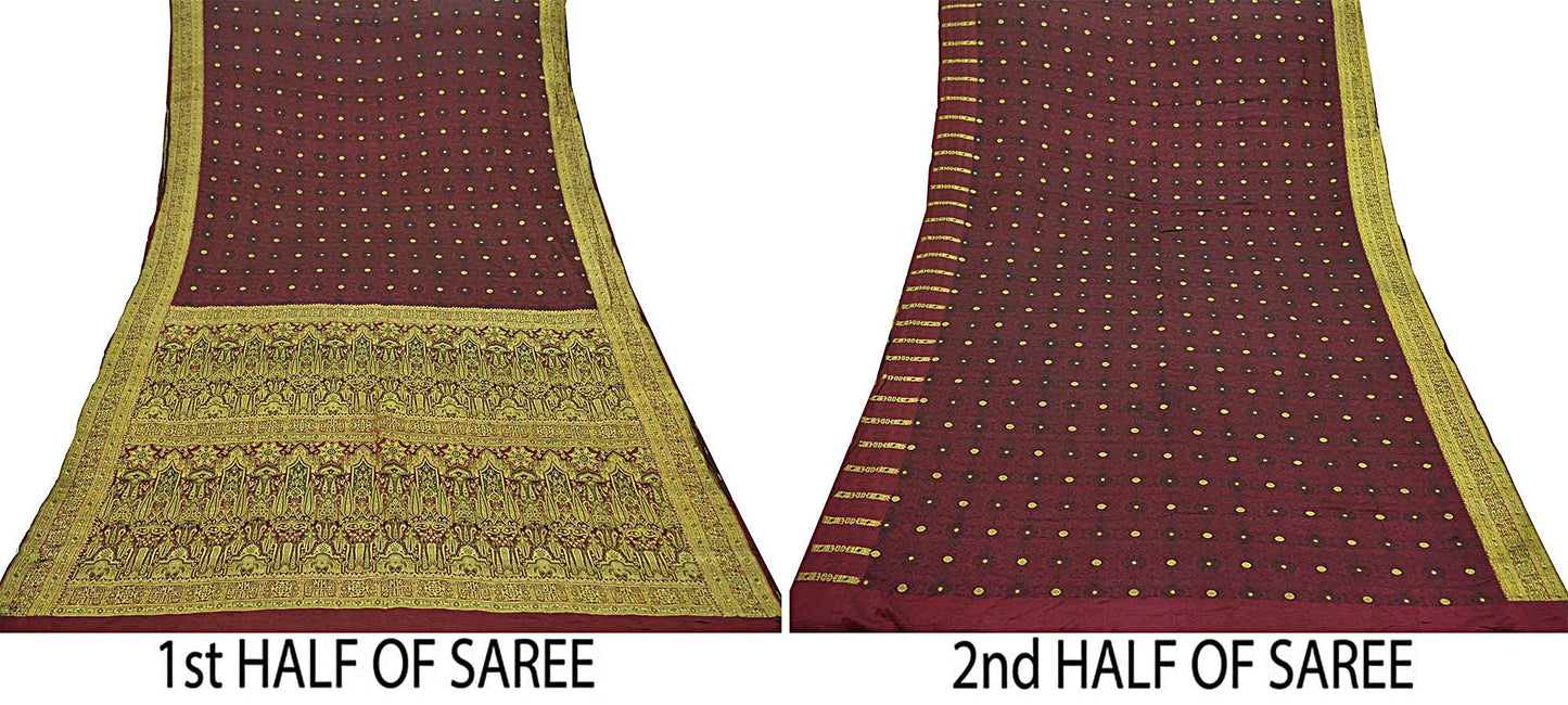 Indian Vintage Heavy Wedding Sari Maroon Pure Satin Silk Woven Brocade Banarasi Sarees Golden Zari 5Yd Craft Fabric Dress Making Quilting