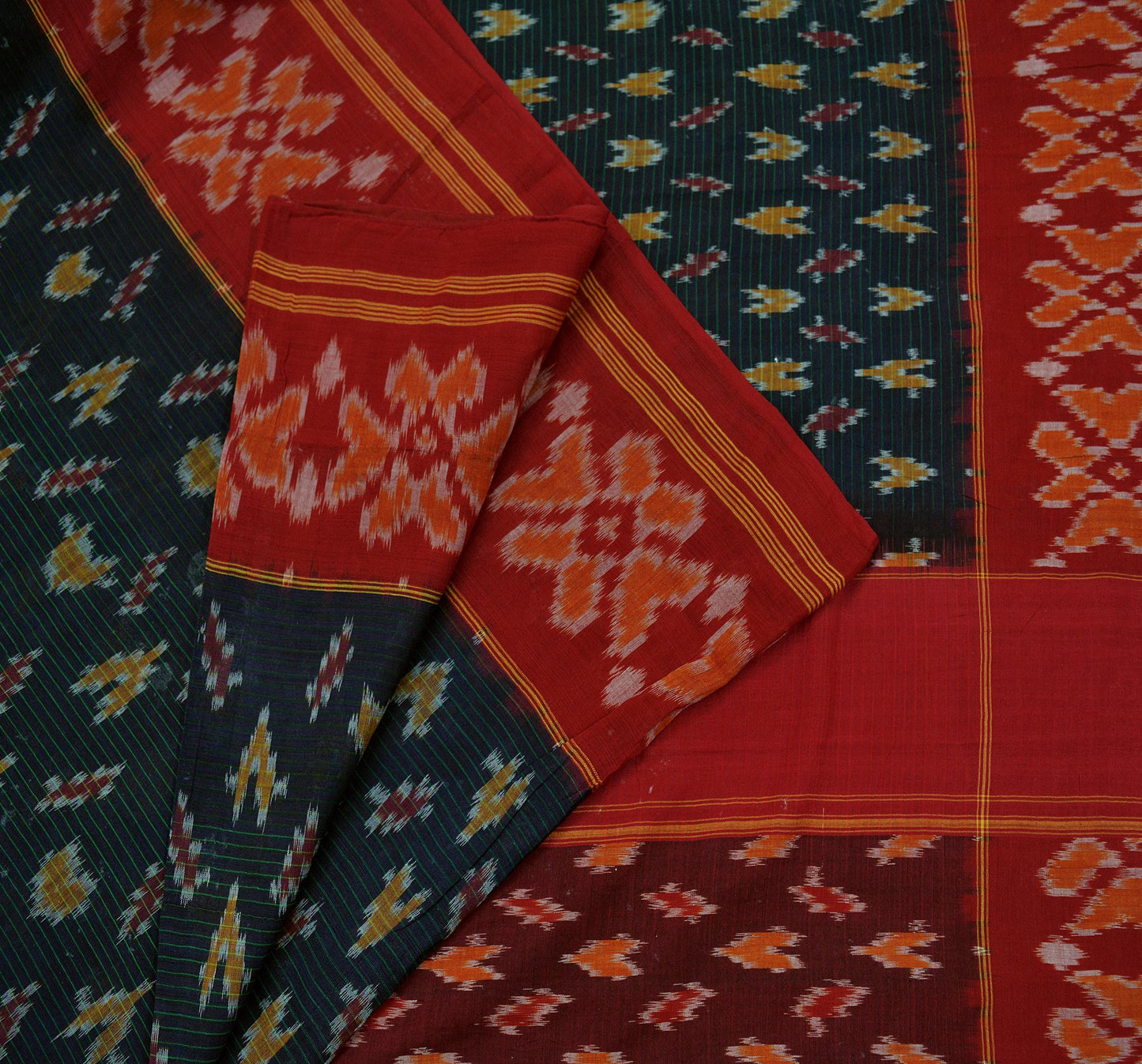 Indian Vintage Sarees Red & Black Pure Cotton Hand woven Sambalpuri Ikat sari Craft Fabric 5Yd Ethnic Chackra Border Dress Making Quilting