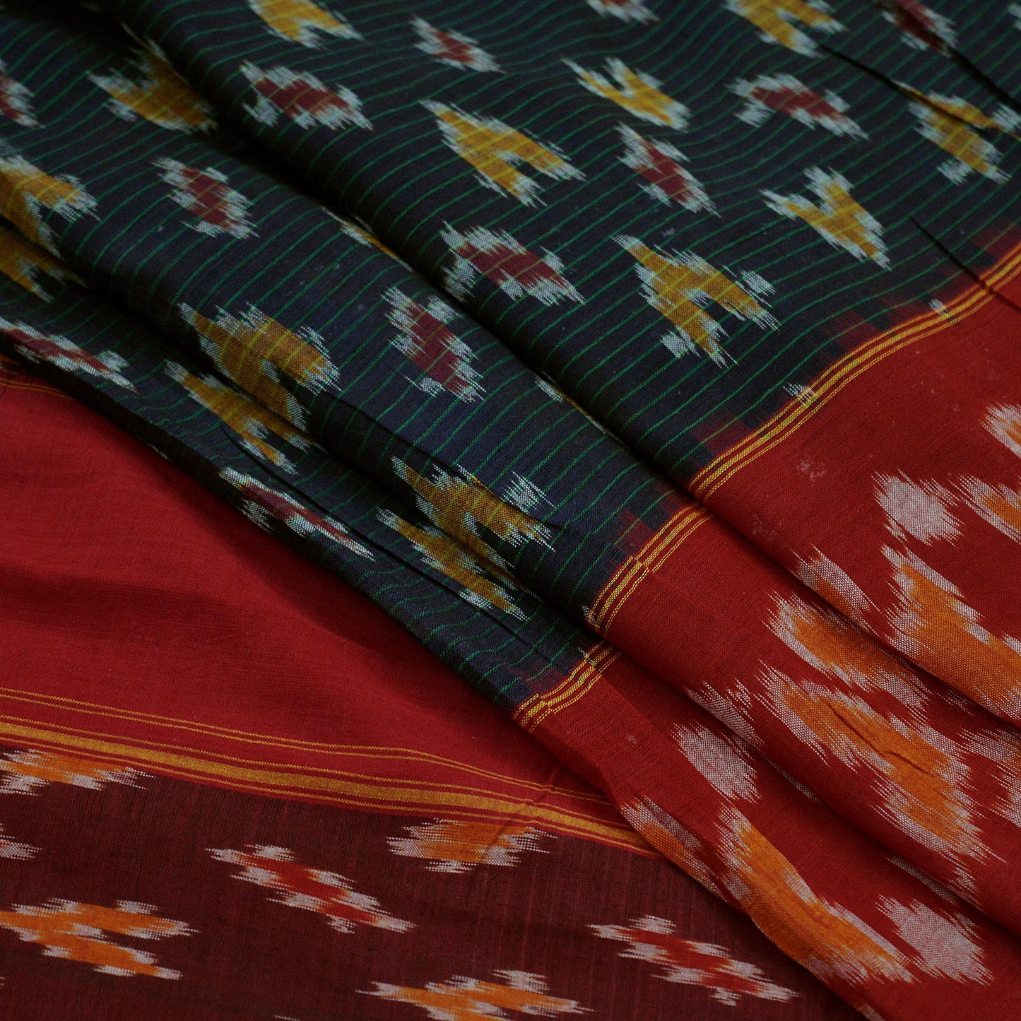 Indian Vintage Sarees Red & Black Pure Cotton Hand woven Sambalpuri Ikat sari Craft Fabric 5Yd Ethnic Chackra Border Dress Making Quilting