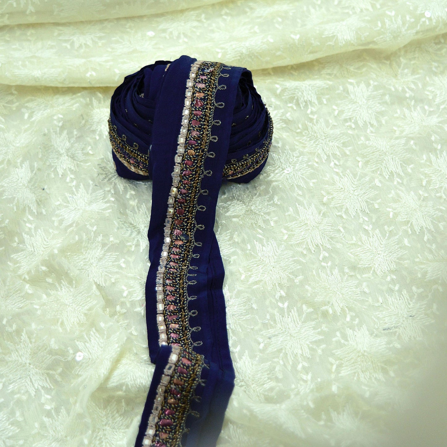 Indian Vintage Deep Blue Saree Border Hand Embroidered Gota Patti Indian Craft Trim Lace Sewing Sari Ribbon Pure Crepe silk Zardozi/Dabka