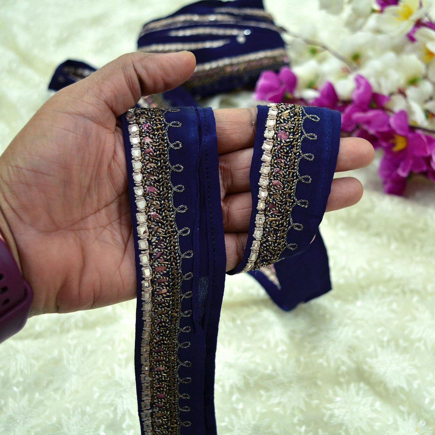 Indian Vintage Deep Blue Saree Border Hand Embroidered Gota Patti Indian Craft Trim Lace Sewing Sari Ribbon Pure Crepe silk Zardozi/Dabka