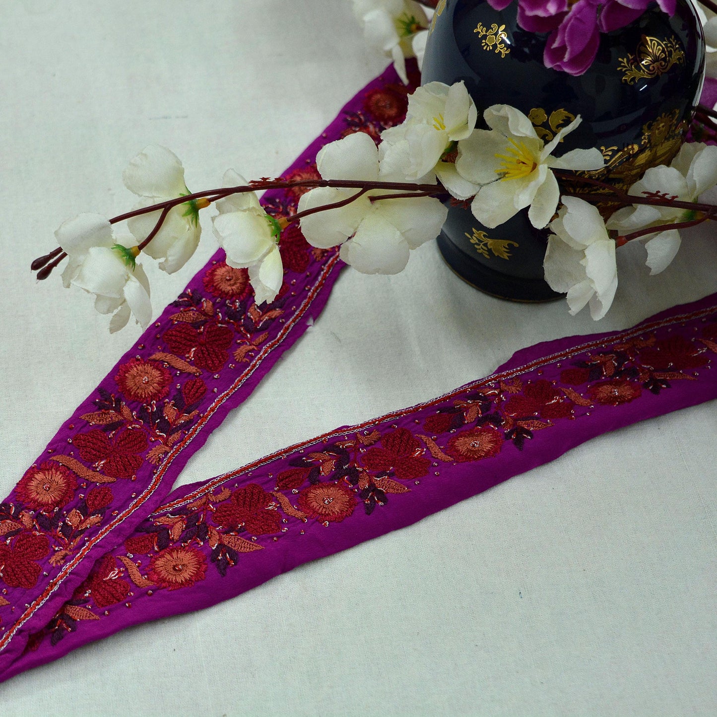 Indian Vintage Purple Saree Border Hand Embroidered Indian Craft Trim Lace Sewing Sari Ribbon Pure Crepe silk Zardozi/Dabka Zari