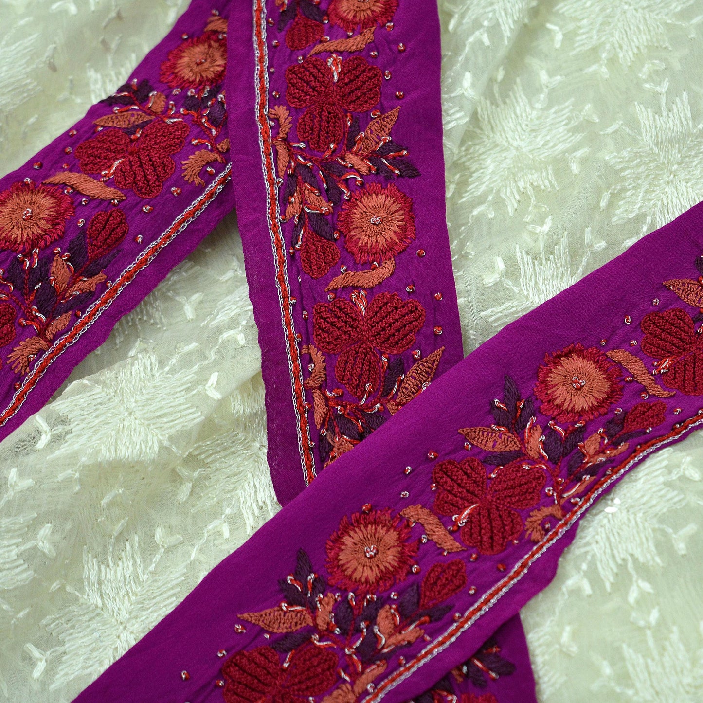 Indian Vintage Purple Saree Border Hand Embroidered Indian Craft Trim Lace Sewing Sari Ribbon Pure Crepe silk Zardozi/Dabka Zari