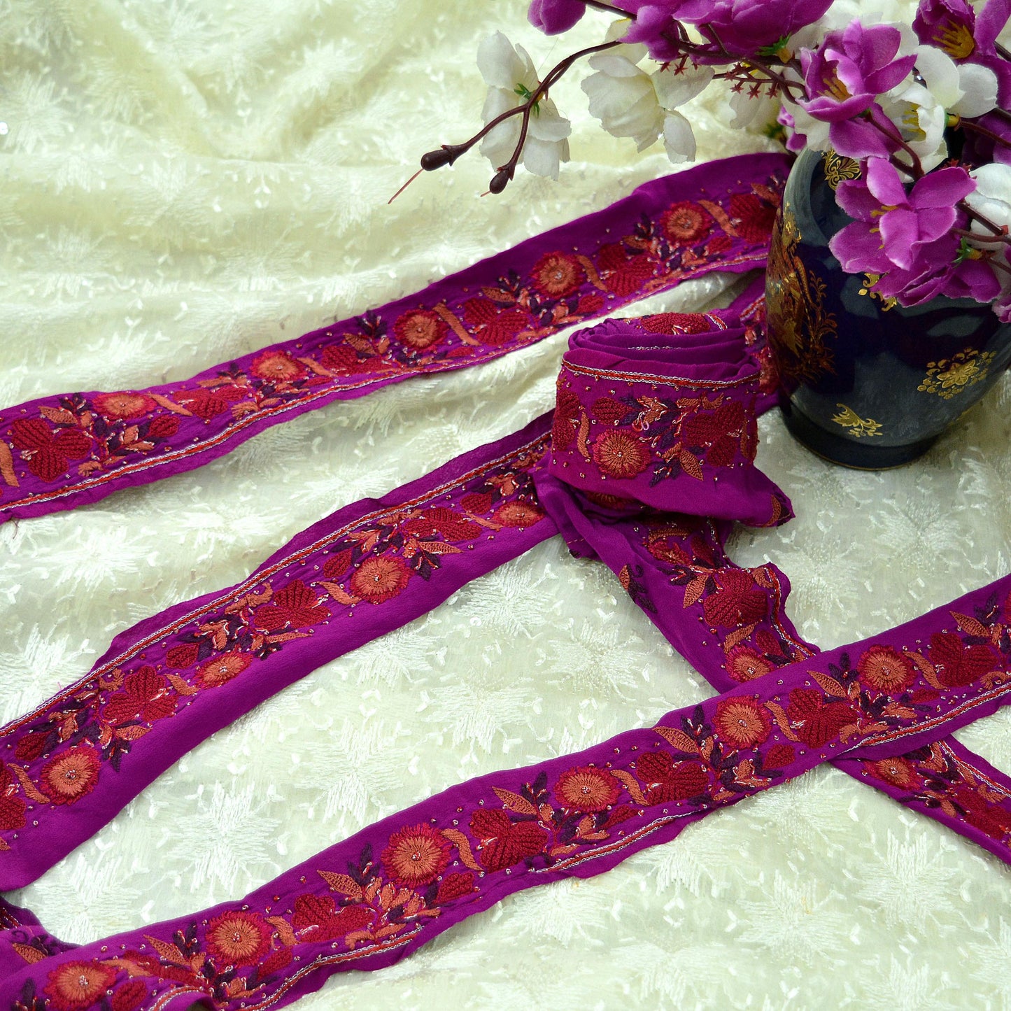 Indian Vintage Purple Saree Border Hand Embroidered Indian Craft Trim Lace Sewing Sari Ribbon Pure Crepe silk Zardozi/Dabka Zari