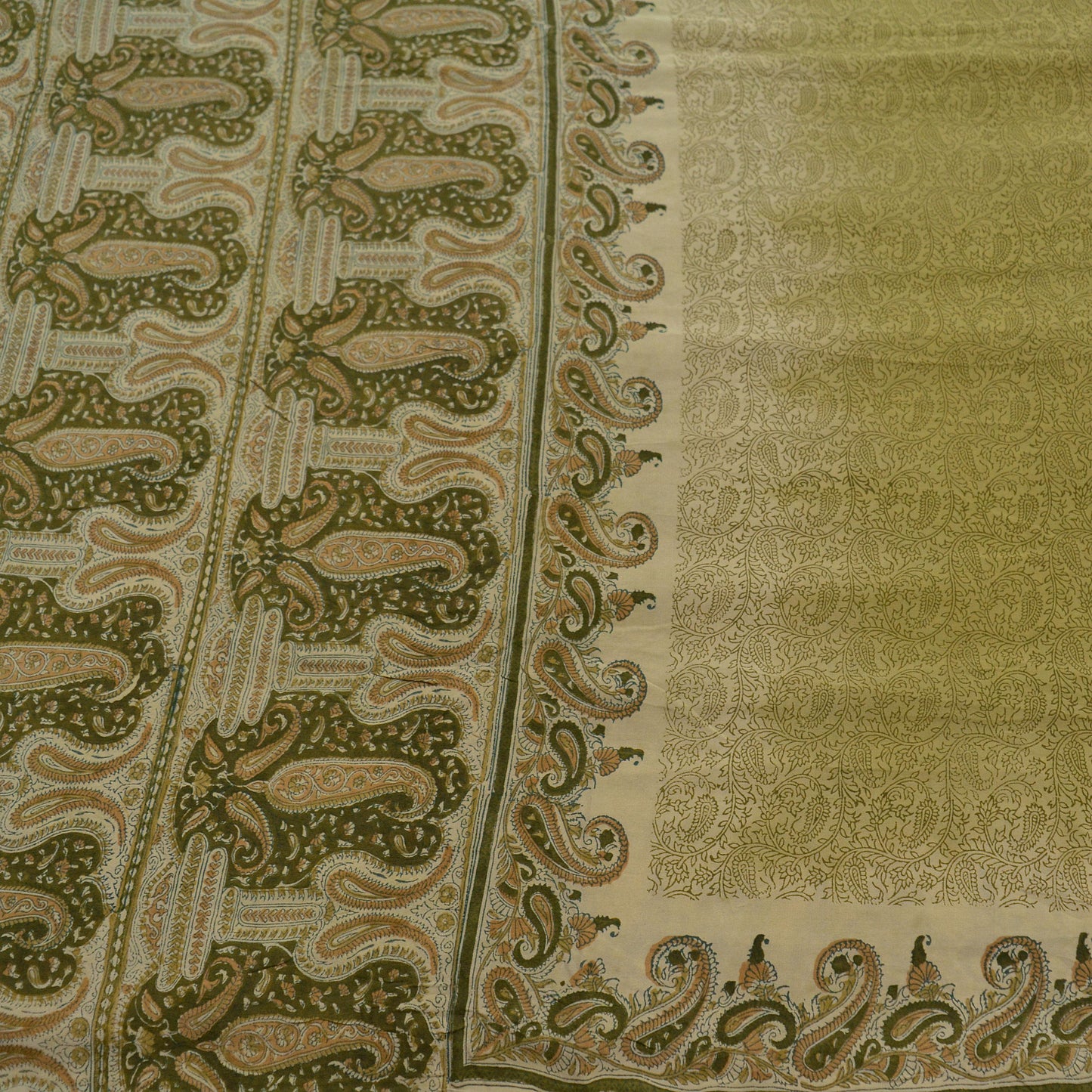 Indian Vintage Sari Cream & Green Pure Crepe Silk Printed Sarees 5yd Sewing Soft Craft Fabric Wrap Upcycle Quilting Crafting Dress making