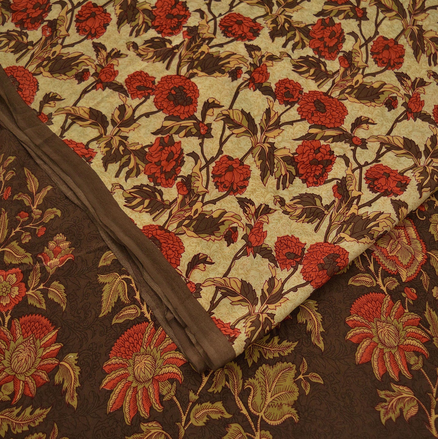 Indian Vintage Sari Brown & Beige Pure Crepe Silk Printed Sarees 5yd Sewing Craft Fabric Floral Soft Wrap Dress making Upcycle Quilting