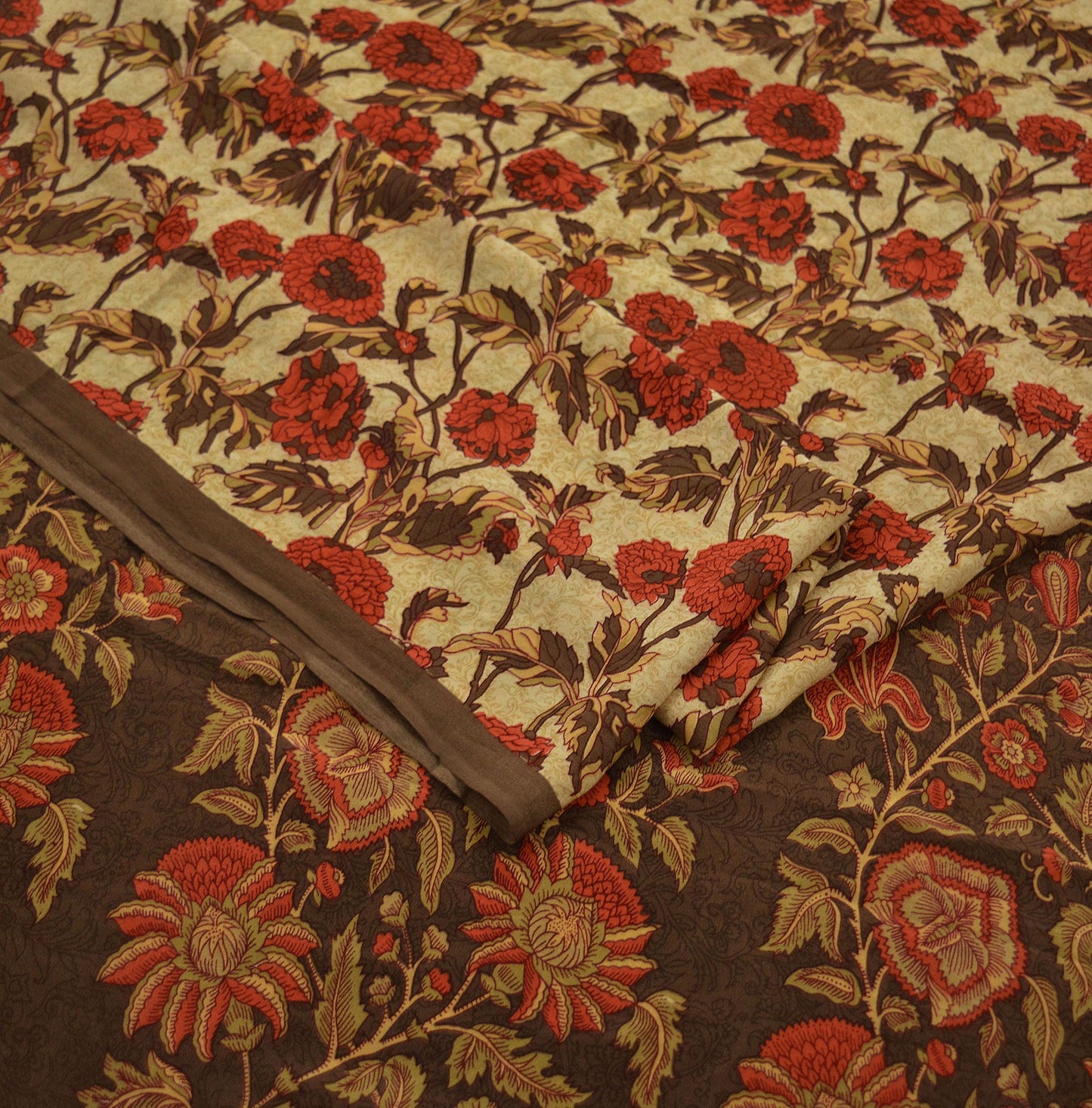 Indian Vintage Sari Brown & Beige Pure Crepe Silk Printed Sarees 5yd Sewing Craft Fabric Floral Soft Wrap Dress making Upcycle Quilting