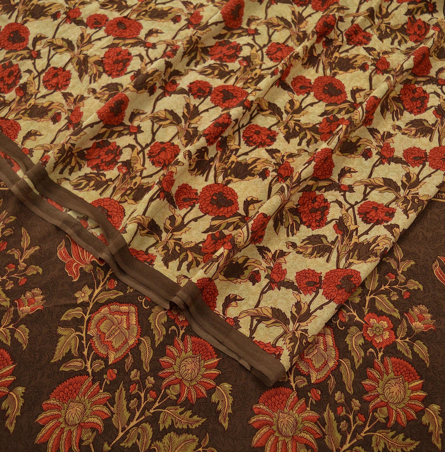 Indian Vintage Sari Brown & Beige Pure Crepe Silk Printed Sarees 5yd Sewing Craft Fabric Floral Soft Wrap Dress making Upcycle Quilting