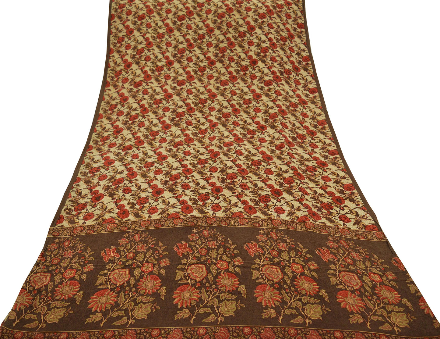 Indian Vintage Sari Brown & Beige Pure Crepe Silk Printed Sarees 5yd Sewing Craft Fabric Floral Soft Wrap Dress making Upcycle Quilting