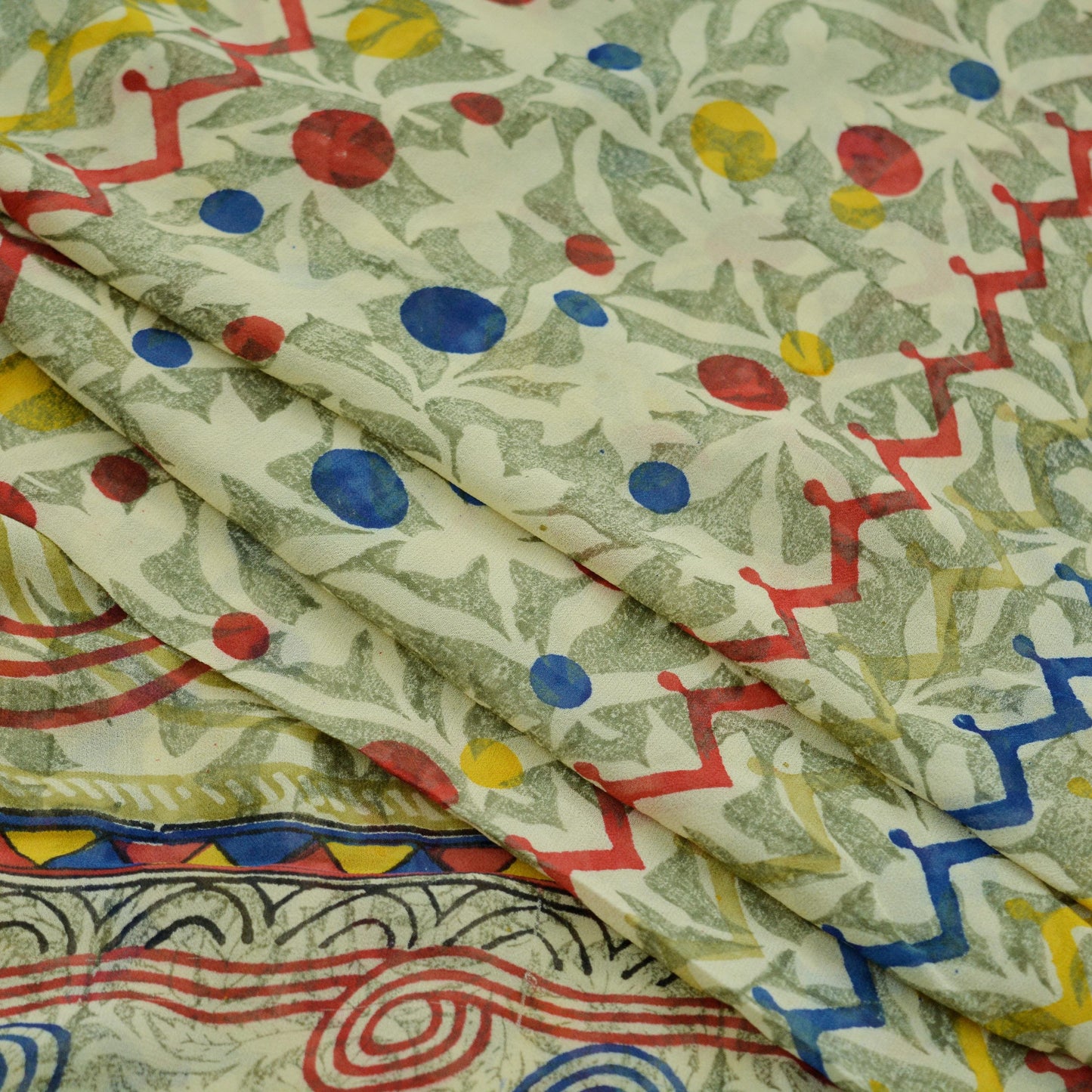 Indian Vintage Sari Beige Pure Georgette Silk Printed Saree Craft Fabric Sewing 5Yd Soft Light Dress Making Quilting Crafting Upcycle