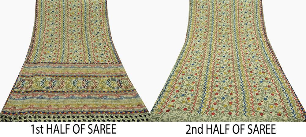 Indian Vintage Sari Beige Pure Georgette Silk Printed Saree Craft Fabric Sewing 5Yd Soft Light Dress Making Quilting Crafting Upcycle