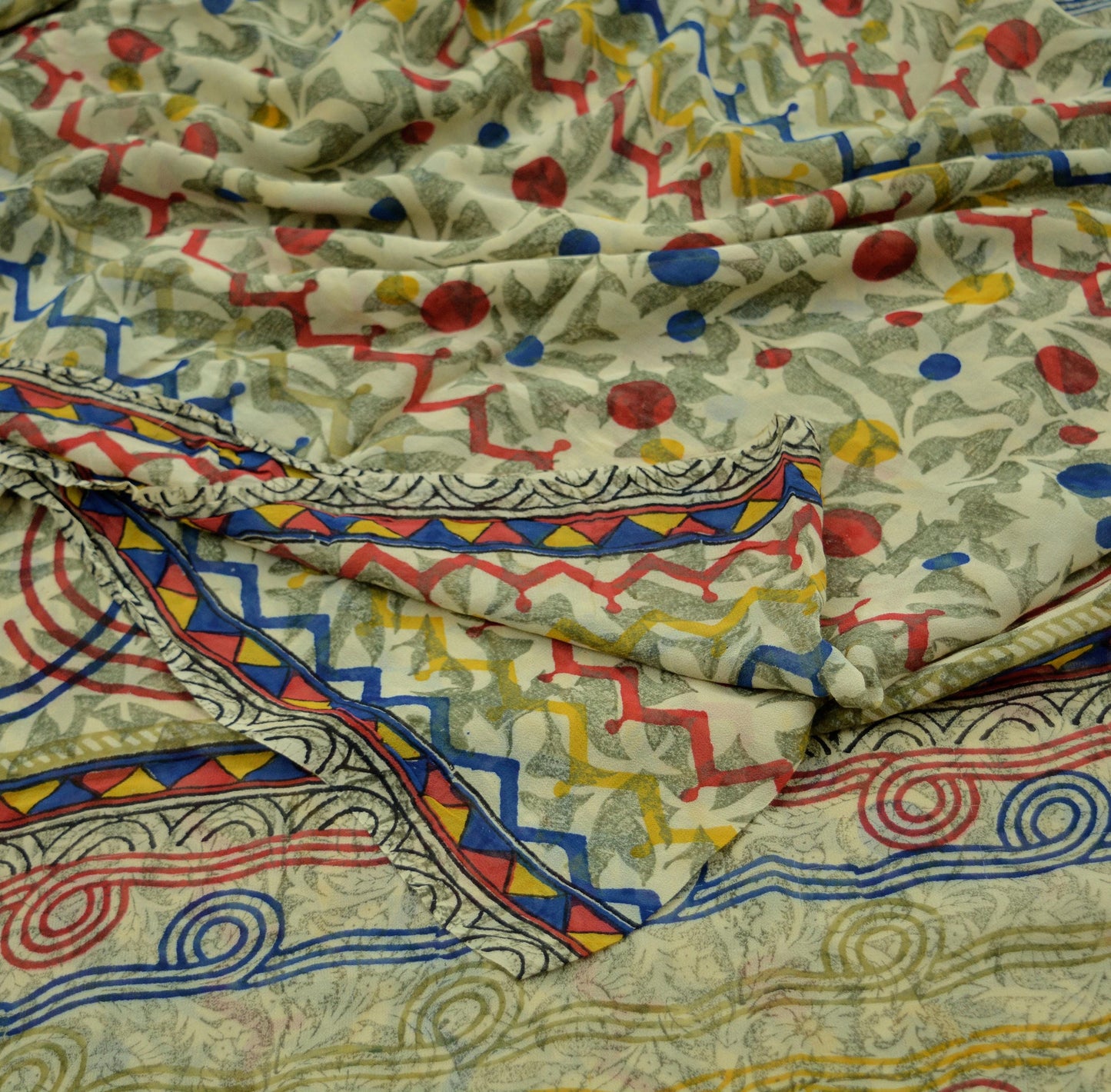 Indian Vintage Sari Beige Pure Georgette Silk Printed Saree Craft Fabric Sewing 5Yd Soft Light Dress Making Quilting Crafting Upcycle