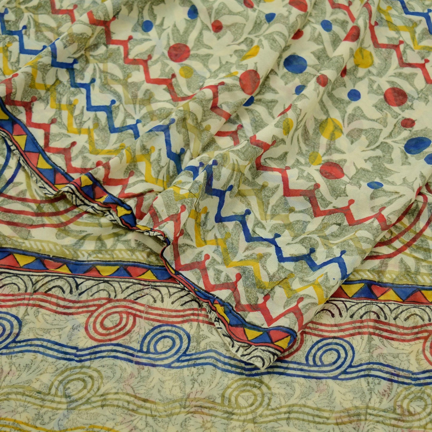 Indian Vintage Sari Beige Pure Georgette Silk Printed Saree Craft Fabric Sewing 5Yd Soft Light Dress Making Quilting Crafting Upcycle