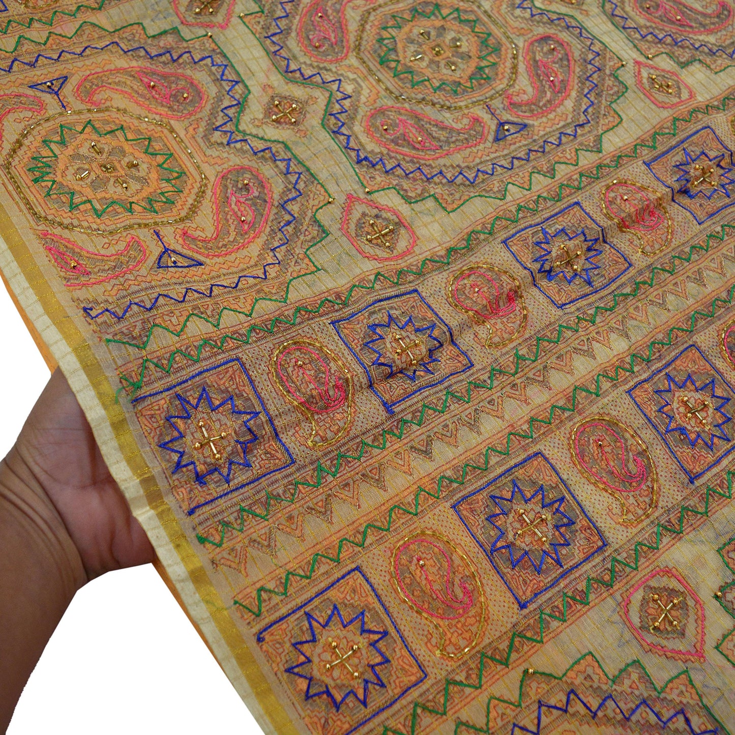 Indian Vintage Sari Beige Hand Embroidered Pure Organza Saree Craft Fabric 5Yd Ethnic Floral zari Dress making Quilting Upcycle Crafting