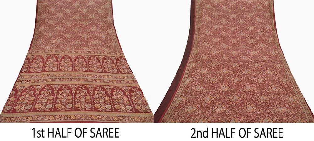 Indian Vintage Sari Maroon 100% Pure Silk Printed Sarees 6yd Craft Fabric Sewing Soft Dress Making Floral Quilting Crafting Upcycle Used