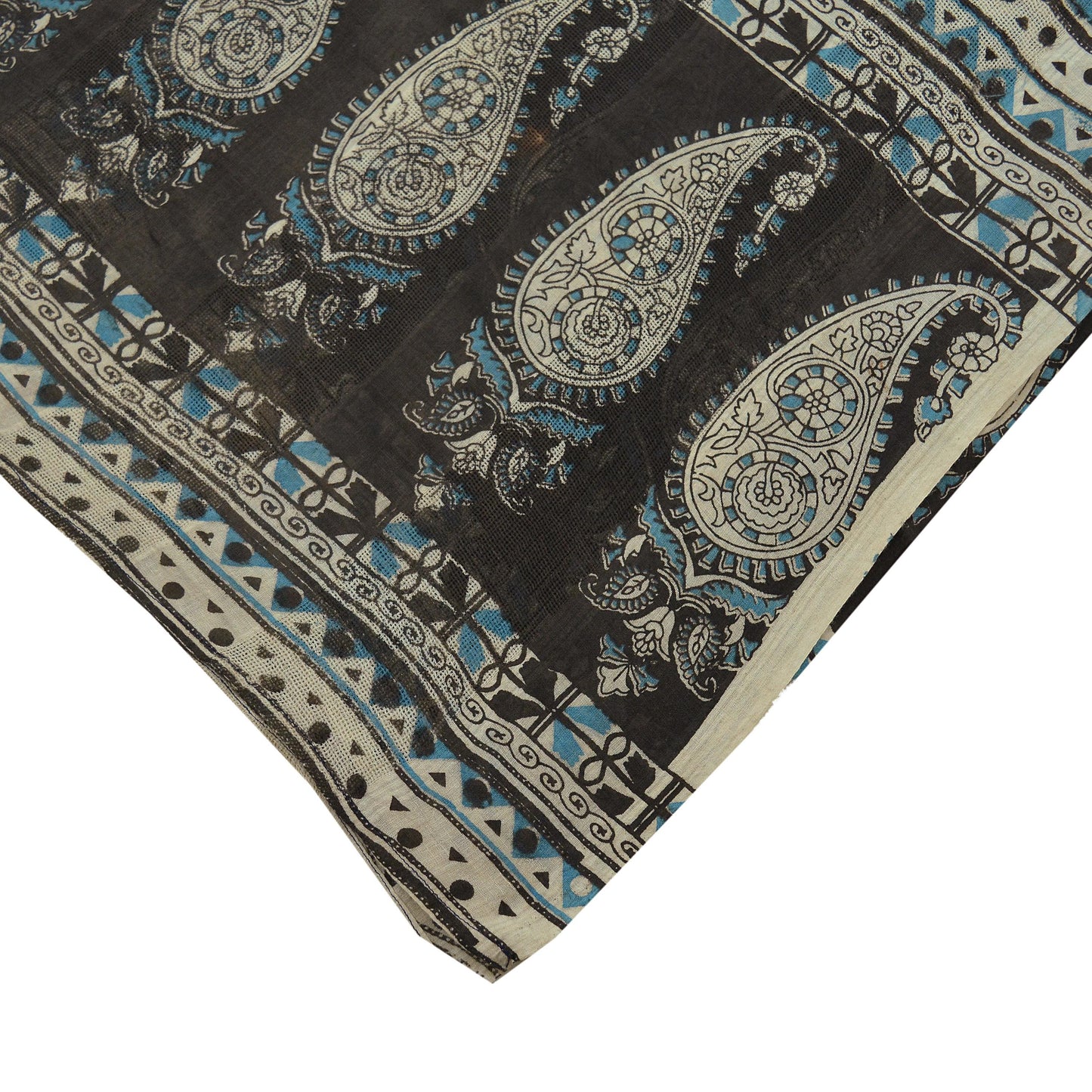 Indian Vintage Brown & Blue Dupatta Long Stole Block Print Pure Cotton Indian Scarves Scarf Veil Wrap Boho Soft Paisley
