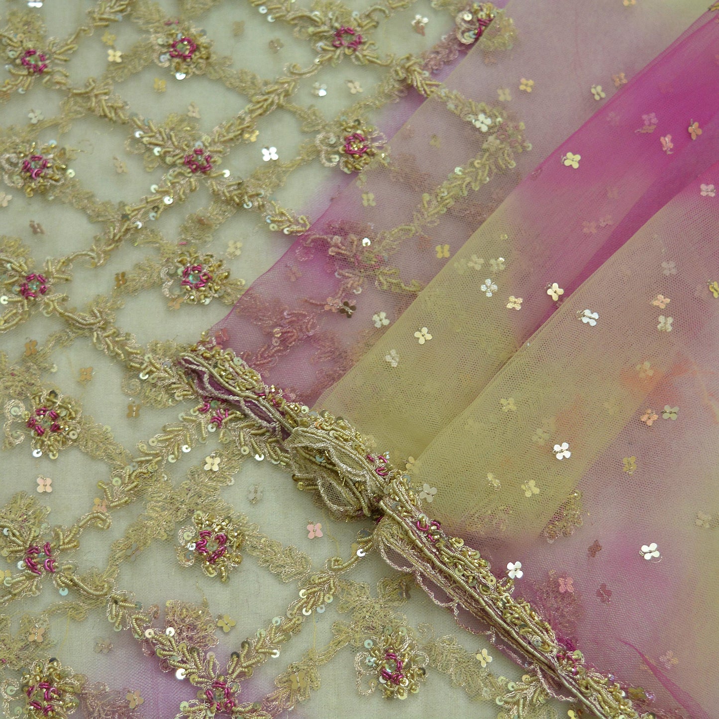 Indian Vintage Beige & Purple Dupatta Net Mesh Long Stole Hand Embroidered Scarves Golden Zardozi Zari Sequins Veil Hijab Scarf