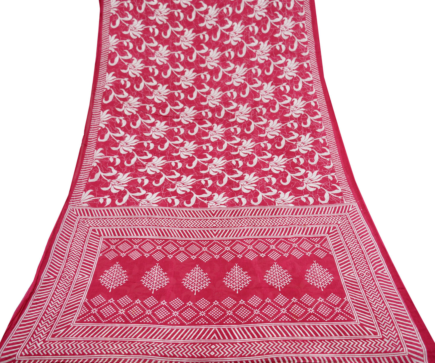 Indian Vintage Sari White & Pink Printed Pure Cotton Sarees Craft Fabric 5Yd Soft Sewing Sarong Wrap Boho Floral Quilting Dress making