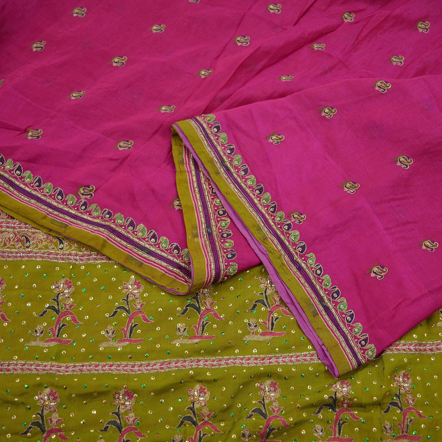 Indian Vintage Heavy Sari Pink & Green Pure Silk Hand Embroidered Sarees Fabric 5Yd Sewing Zardozi/Dabka Sequins Wedding Sarees Crafting
