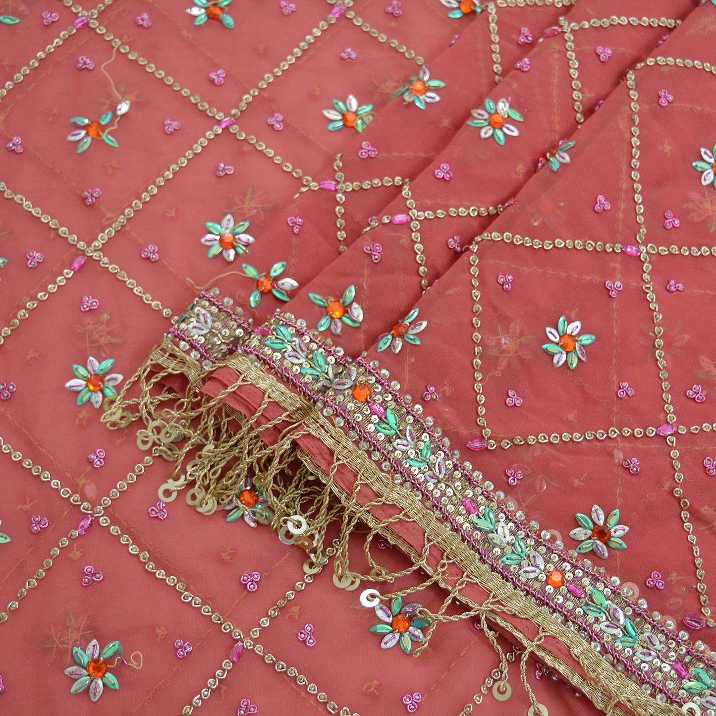 Indian Vintage Heavy Bridal Pink Dupatta Pure Georgette Silk Long Stole Hand Embroidered Scarf Zardozi/Dabka Wedding red Hijab veil Boho