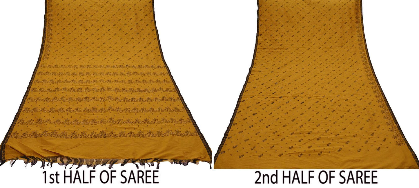 Indian Vintage Saffron Saree Art Silk Printed Sari 6yd Sewing Craft Fabric Soft Wrap Fringes Soft Crafting Quilting Upcycle