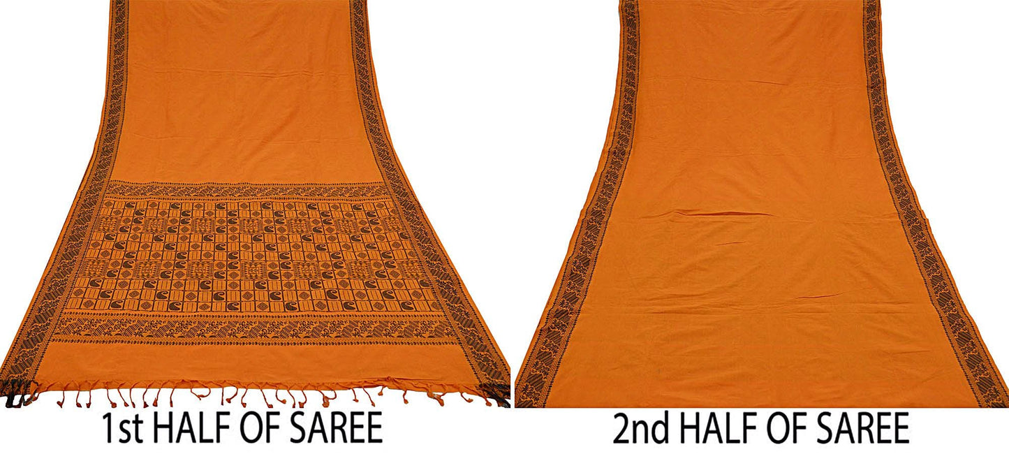 Indian Vintage Sari Saffron Pure Cotton Hand Woven Baluchari Saree Craft Fabric 5yd Ethnic Humans Fringes Paisley Crafting Upcycle Quilting
