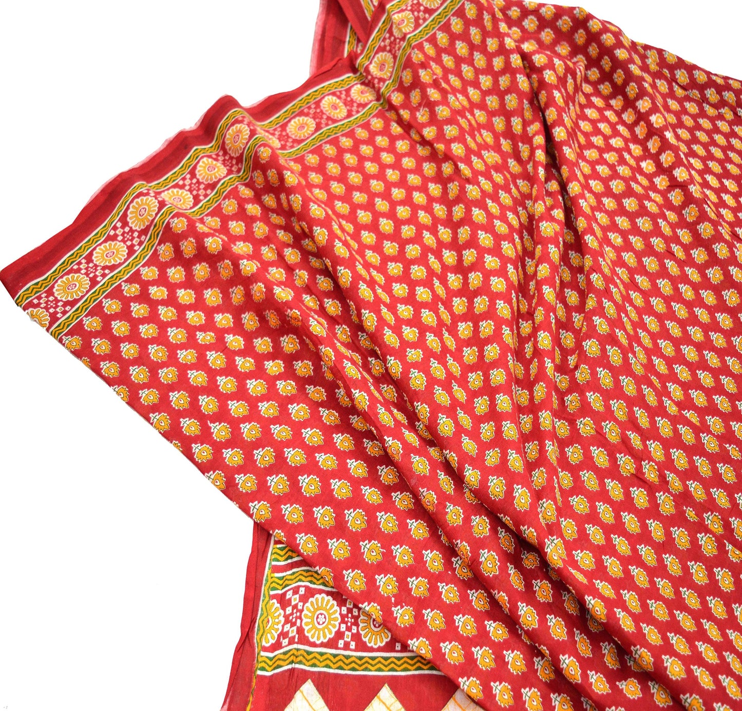 Indian Vintage Red Saree Printed Pure Cotton Sari Craft Fabric Soft 5Yd Sewing Sarong Wrap Boho Quilting Crafting Upcycle Dress making