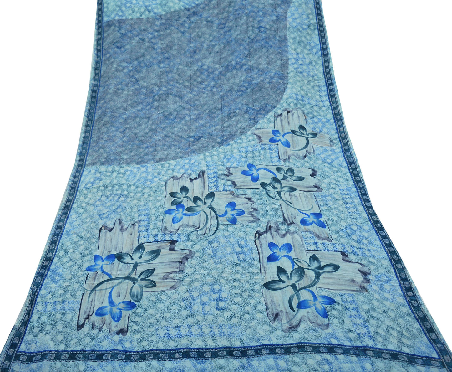 Indian Vintage Sari Ivory & Blue Pure Crepe Silk Printed Saree 5yard Sewing Floral Soft Craft Fabric Wrap Upcycle Quilting Crafting Used