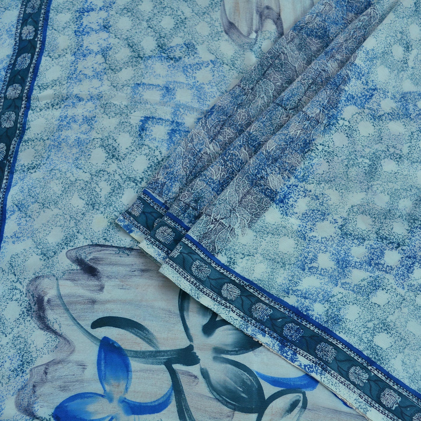 Indian Vintage Sari Ivory & Blue Pure Crepe Silk Printed Saree 5yard Sewing Floral Soft Craft Fabric Wrap Upcycle Quilting Crafting Used