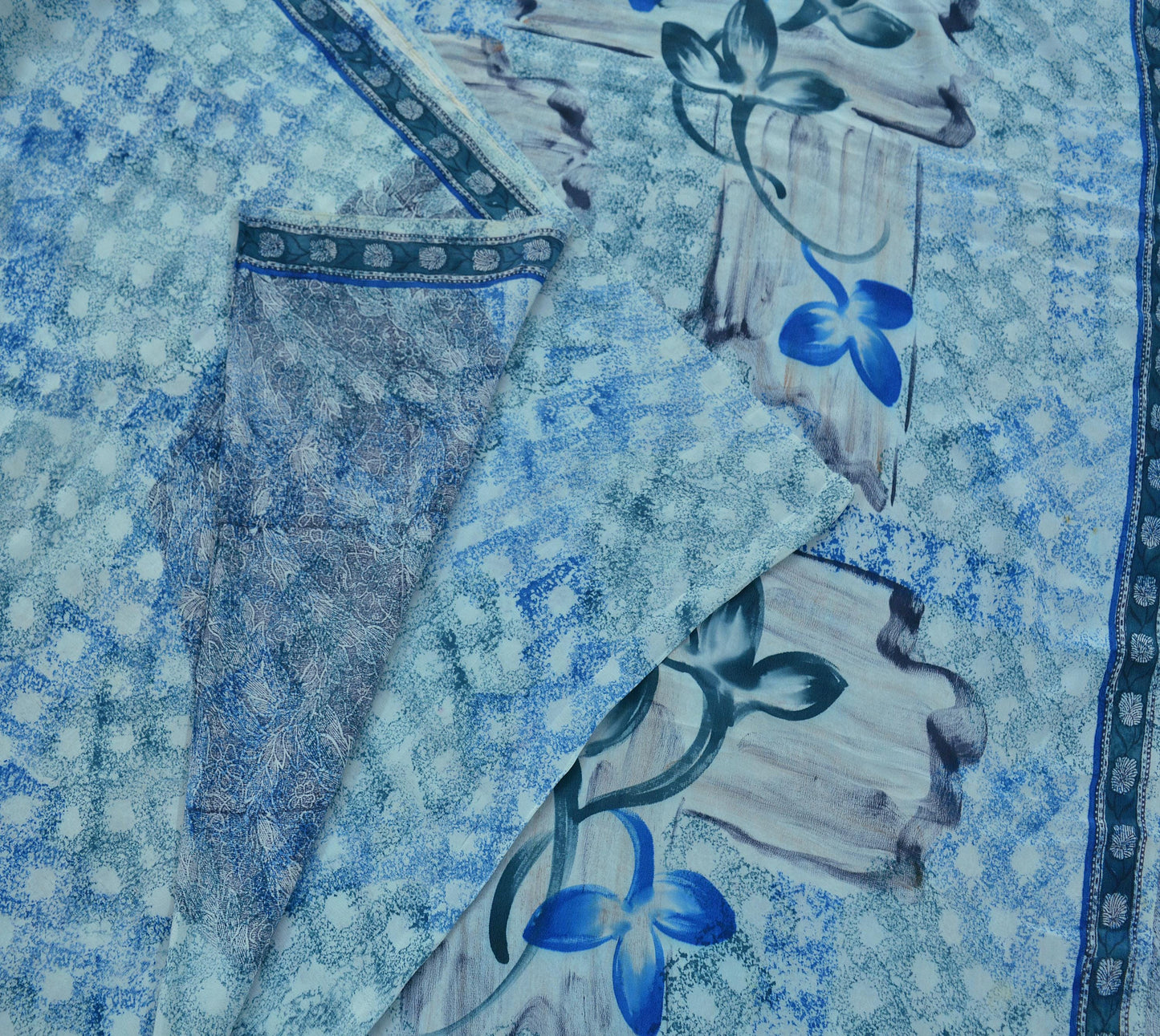 Indian Vintage Sari Ivory & Blue Pure Crepe Silk Printed Saree 5yard Sewing Floral Soft Craft Fabric Wrap Upcycle Quilting Crafting Used