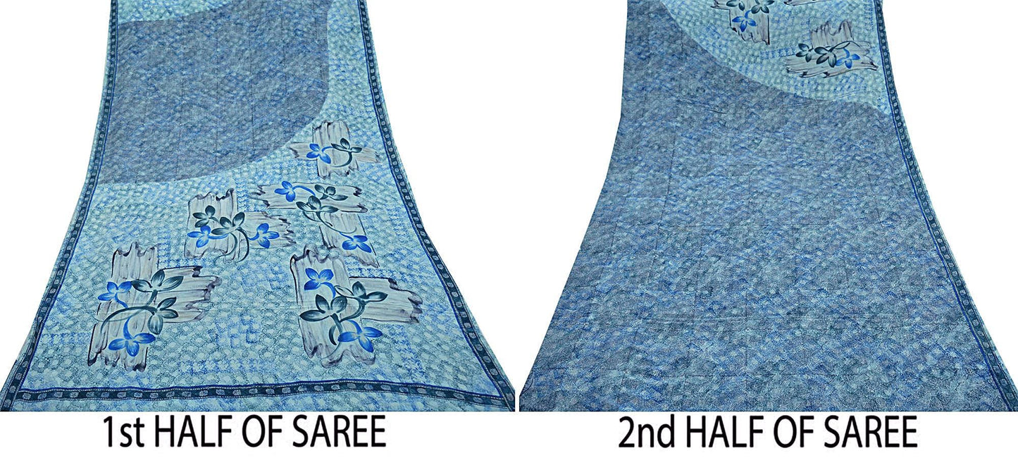 Indian Vintage Sari Ivory & Blue Pure Crepe Silk Printed Saree 5yard Sewing Floral Soft Craft Fabric Wrap Upcycle Quilting Crafting Used