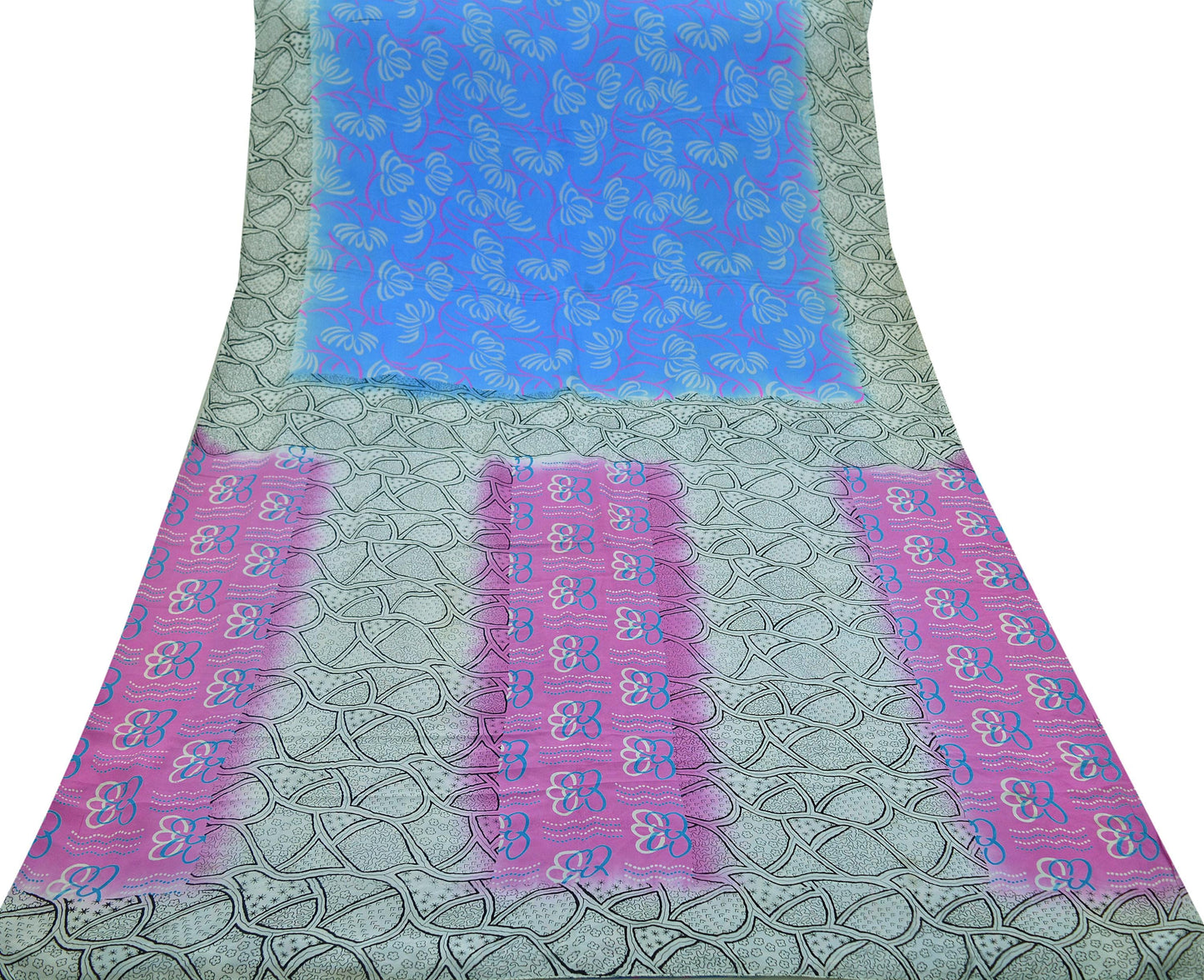 Indian Vintage Sari Blue & Gray Pure Printed Crepe Silk Sarees 6yd Sewing Soft Craft Fabric Wrap Sewing Dress Making Crafting Quilting